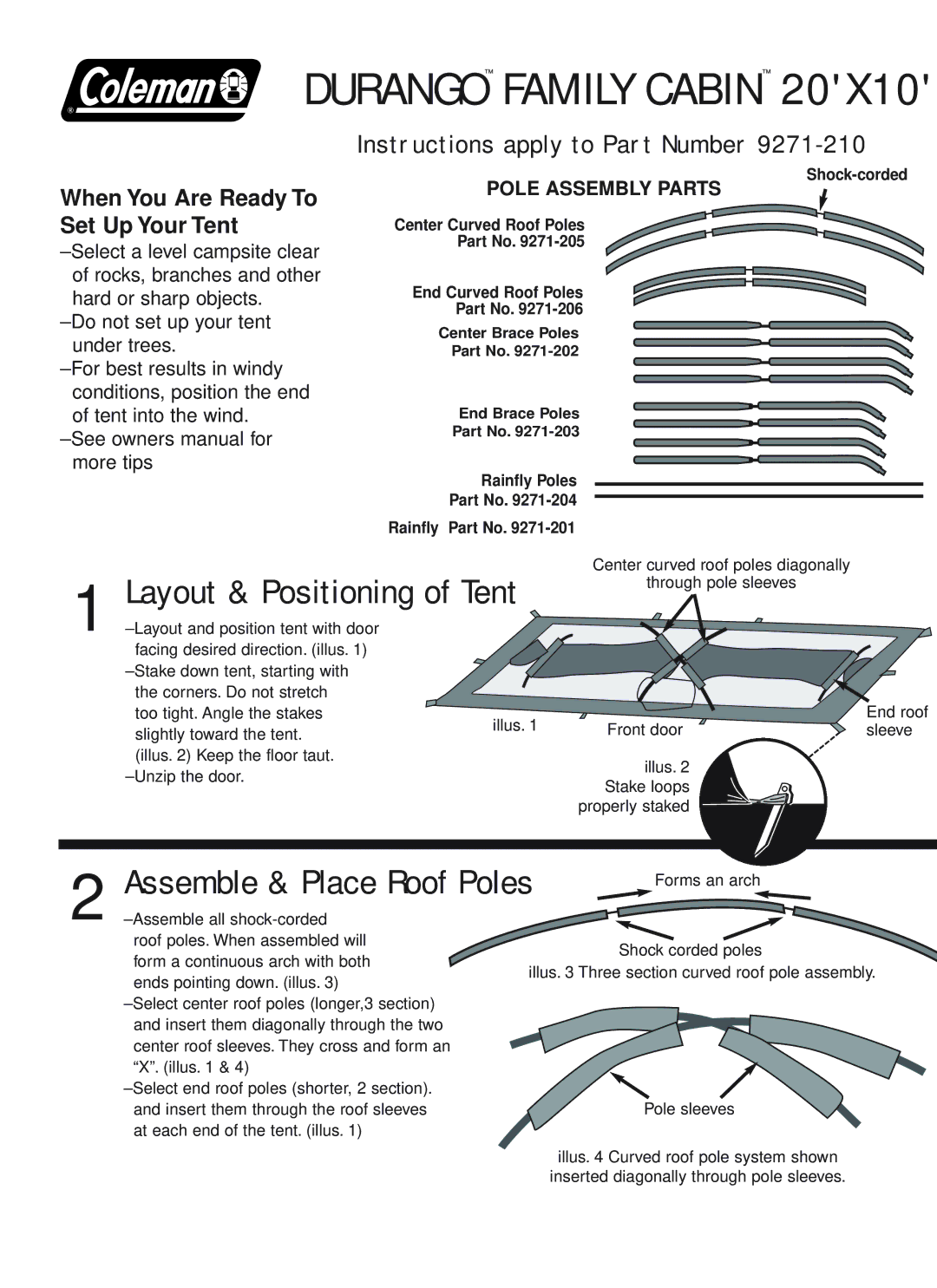 Coleman 9271-210 owner manual Durango Family Cabin, Assemble & Place Roof Poles, Layout & Positioning of Tent 