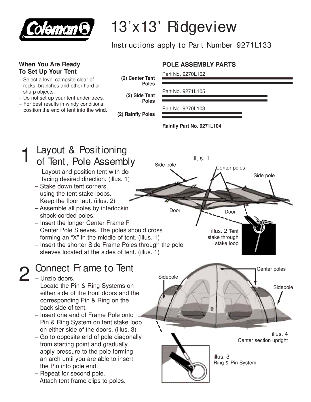 Coleman 9271L133, 9271L105, 9270L102, 9270L103 manual 13’x13’ Ridgeview, Layout & Positioning 