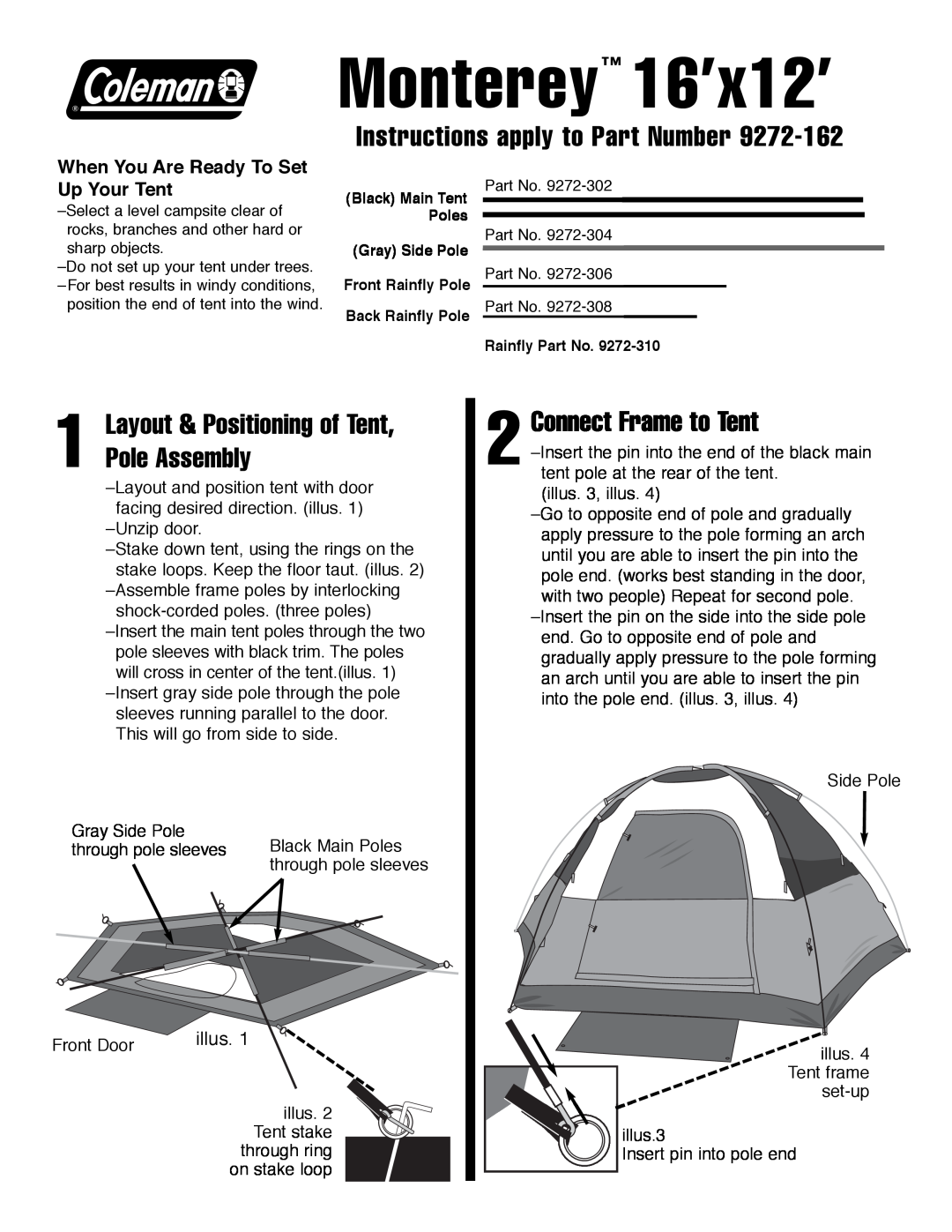 Coleman 9272-306 manual Instructions apply to Part Number, Layout & Positioning of Tent, Pole Assembly, Monterey 16’x12’ 