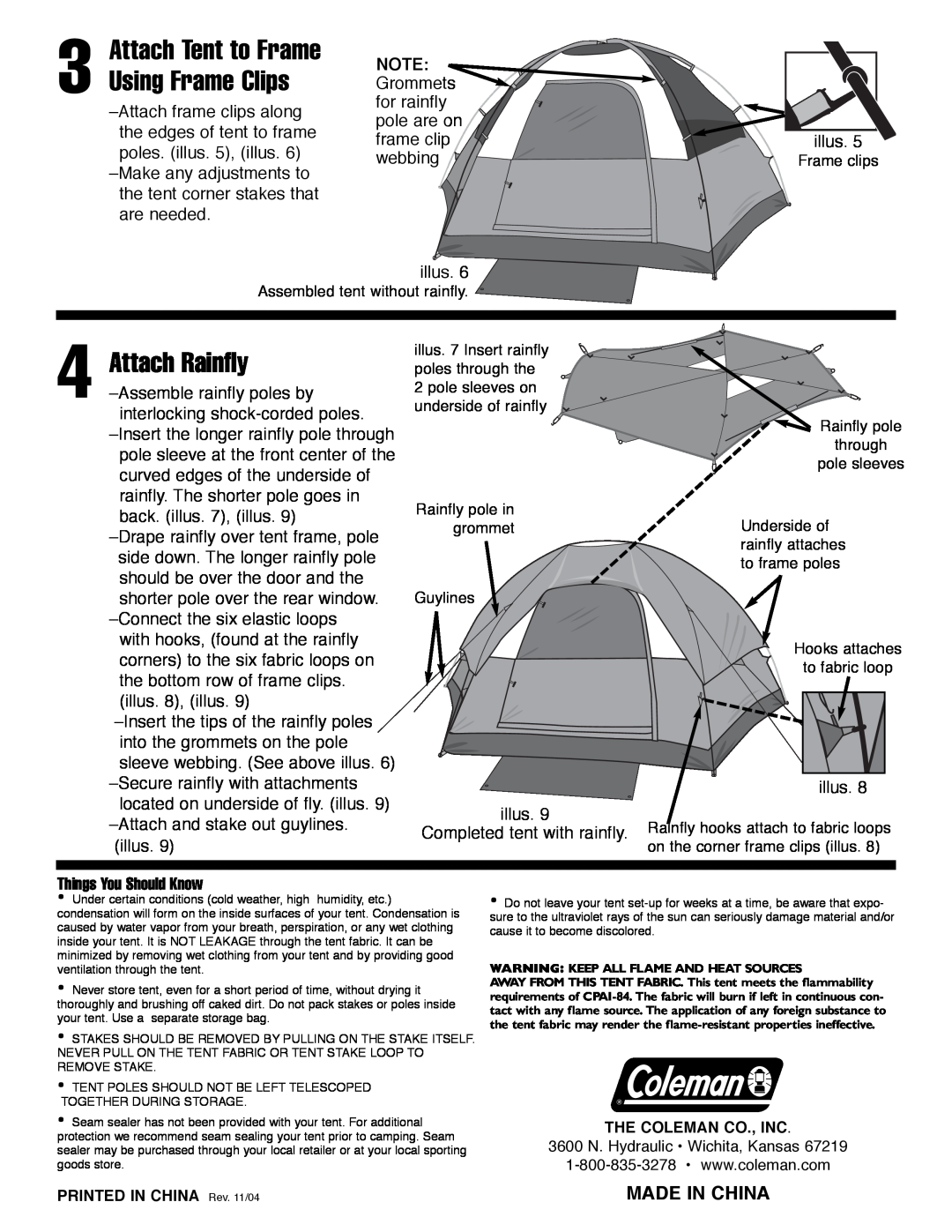 Coleman 9272-304, 9272-162, 9272-306, 9272-302 manual Attach Rainfly, Made In China, Attach Tent to Frame Using Frame Clips 