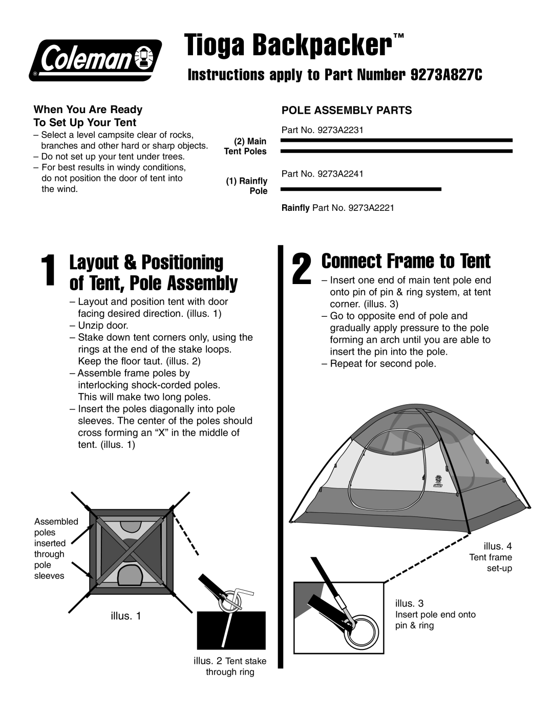 Coleman manual Instructions apply to Part Number 9273A827C, Layout & Positioning of Tent, Pole Assembly 