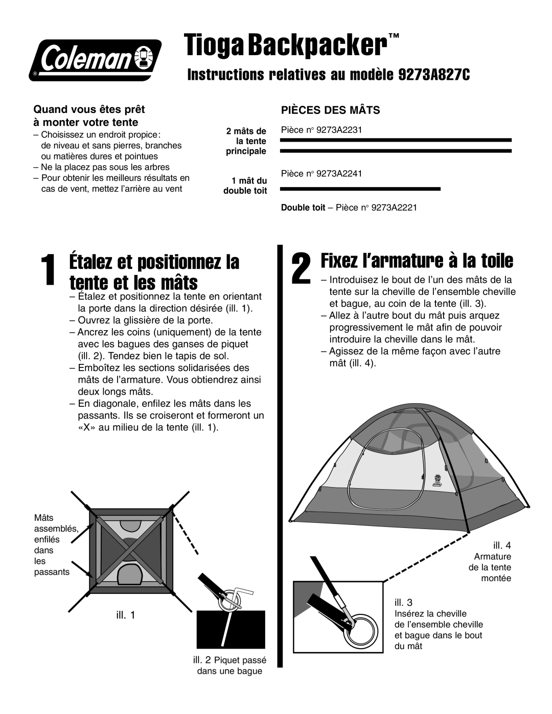 Coleman manual Étalez et positionnez la tente et les mâts, Instructions relatives au modèle 9273A827C 