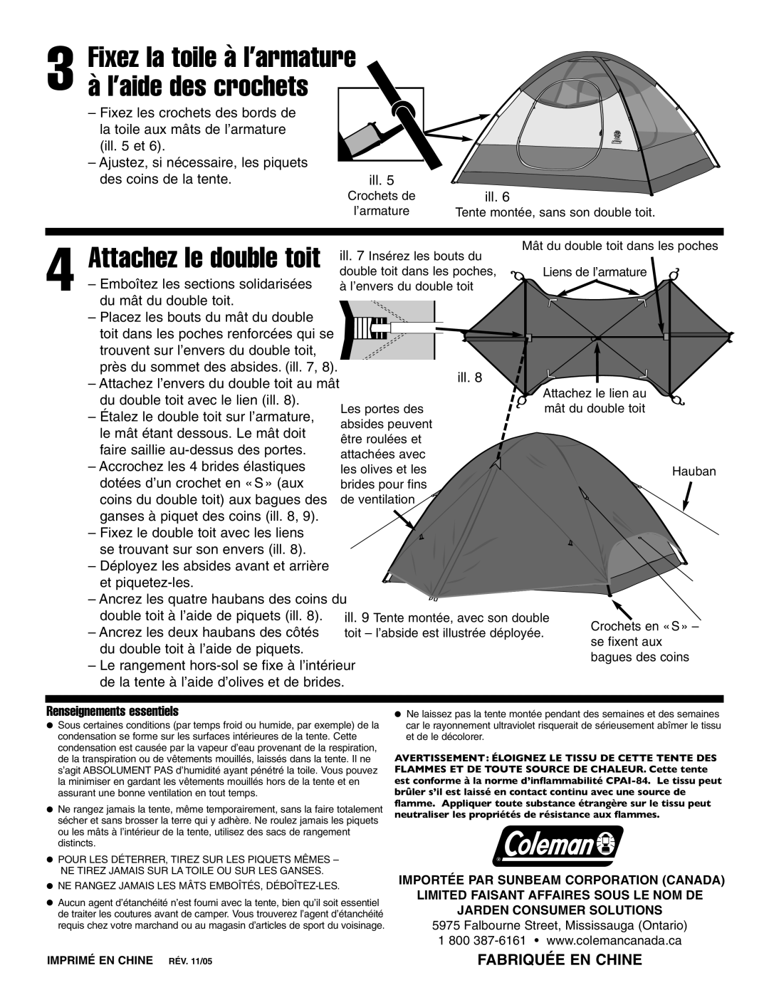 Coleman 9273A827C Attachez le double toit, Fixez la toile à l’armature à l’aide des crochets, Renseignements essentiels 