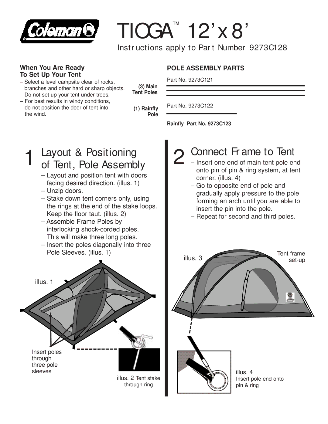 Coleman 9273C128 manual Tioga 12’x 8’, Connect Frame to Tent, Layout & Positioning of Tent, Pole Assembly 