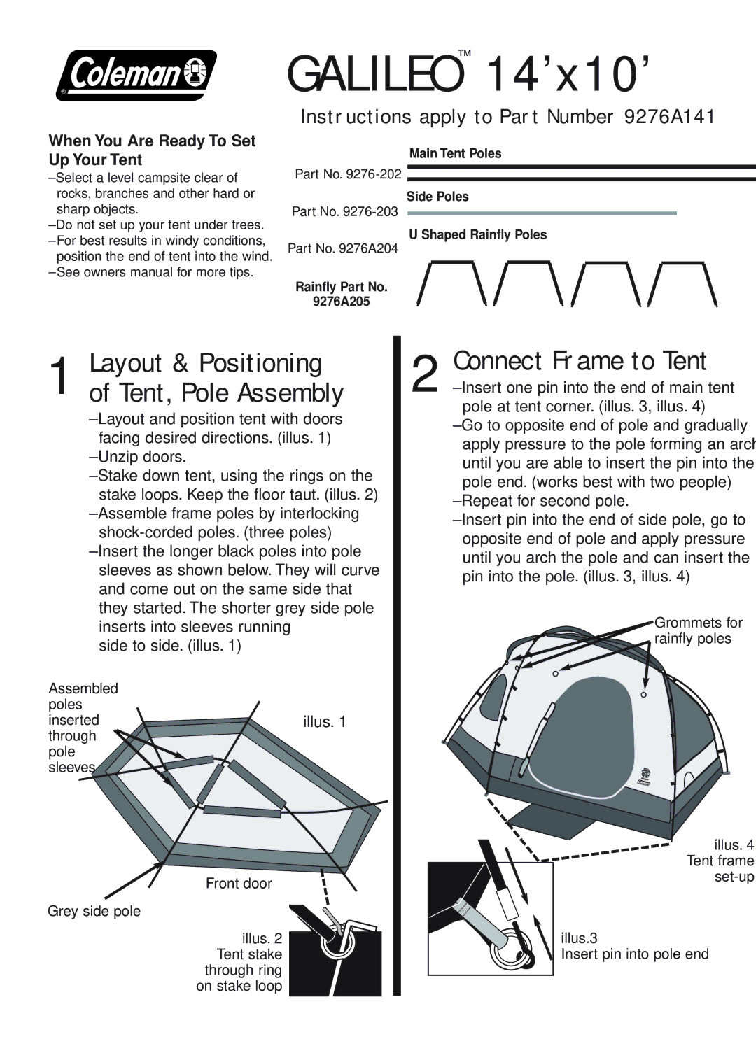 Coleman 9276-202 owner manual Galileo 14’x10’, Connect Frame to Tent, Layout & Positioning of Tent, Pole Assembly 