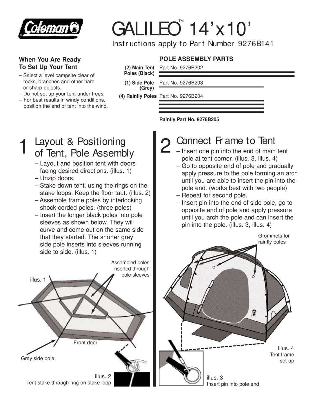 Coleman 9276B203, 9276B204 manual Galileo 14’x10’, Connect Frame to Tent, Layout & Positioning of Tent, Pole Assembly 