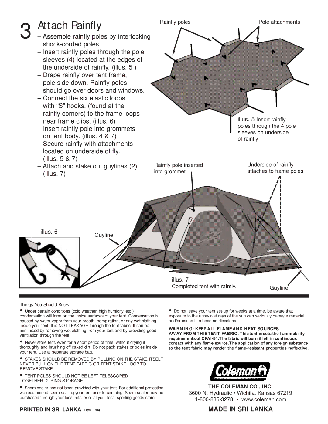 Coleman 9276B202, 9276B204, 9276B203 manual Attach Rainfly, Made in SRI Lanka, Things You Should Know 