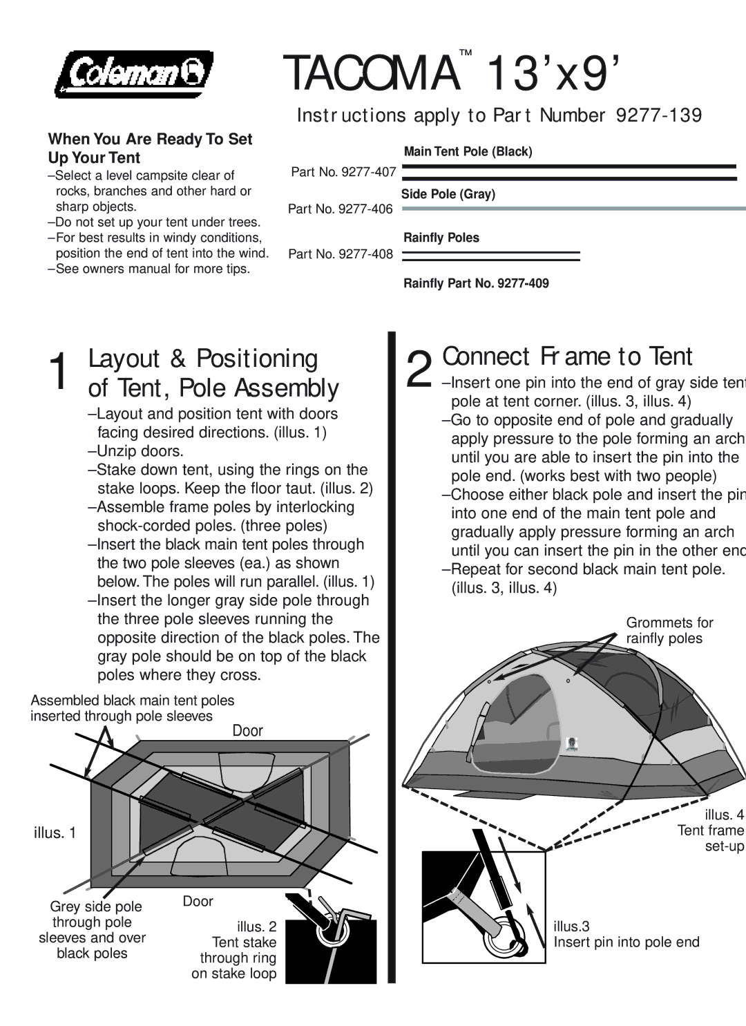 Coleman 9277-139 owner manual Tacoma 13’x9’, Connect Frame to Tent, Layout & Positioning of Tent, Pole Assembly, Door 