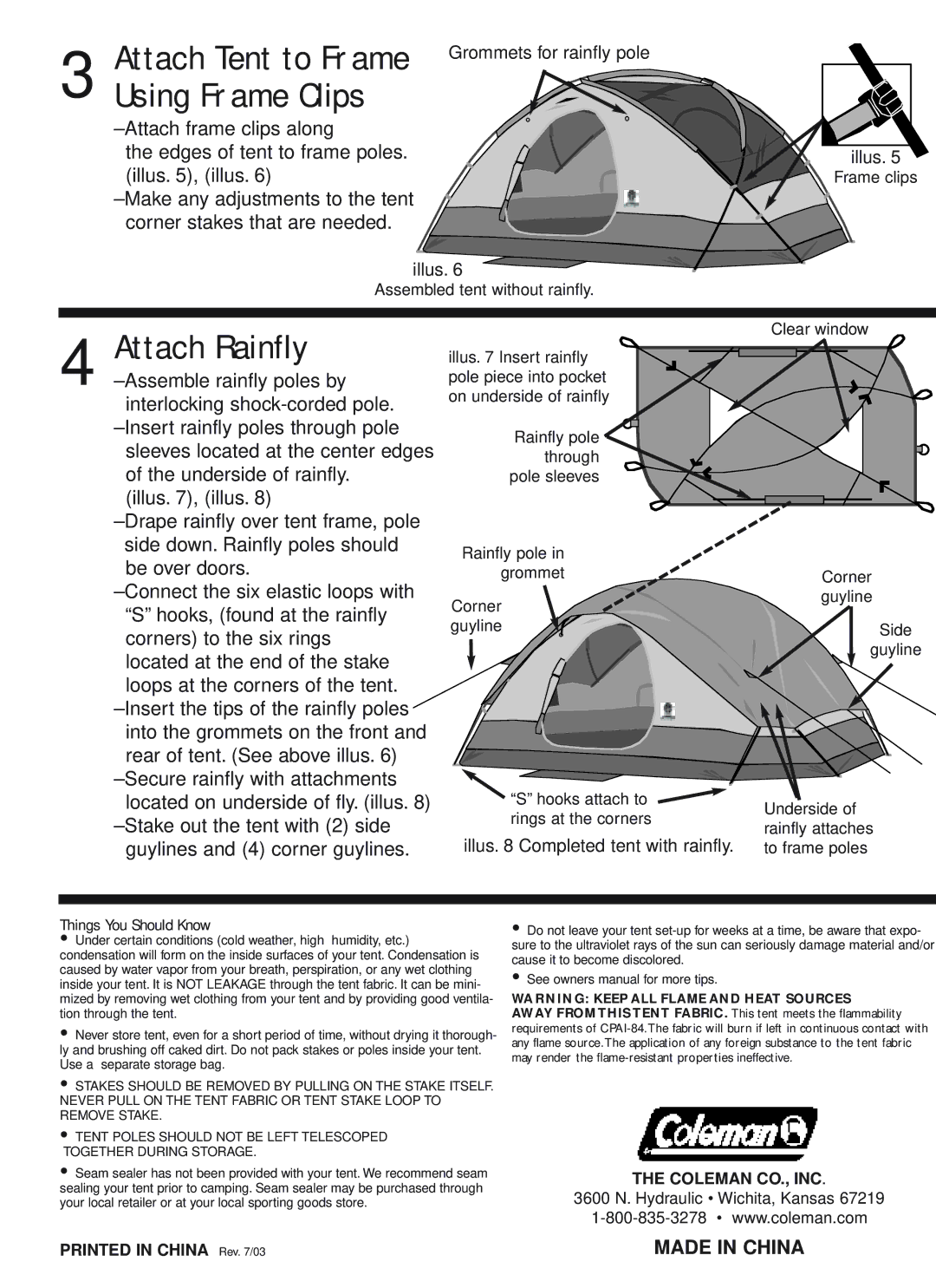 Coleman 9277-139 owner manual Using Frame Clips, Attach Rainfly, Attach Tent to Frame 