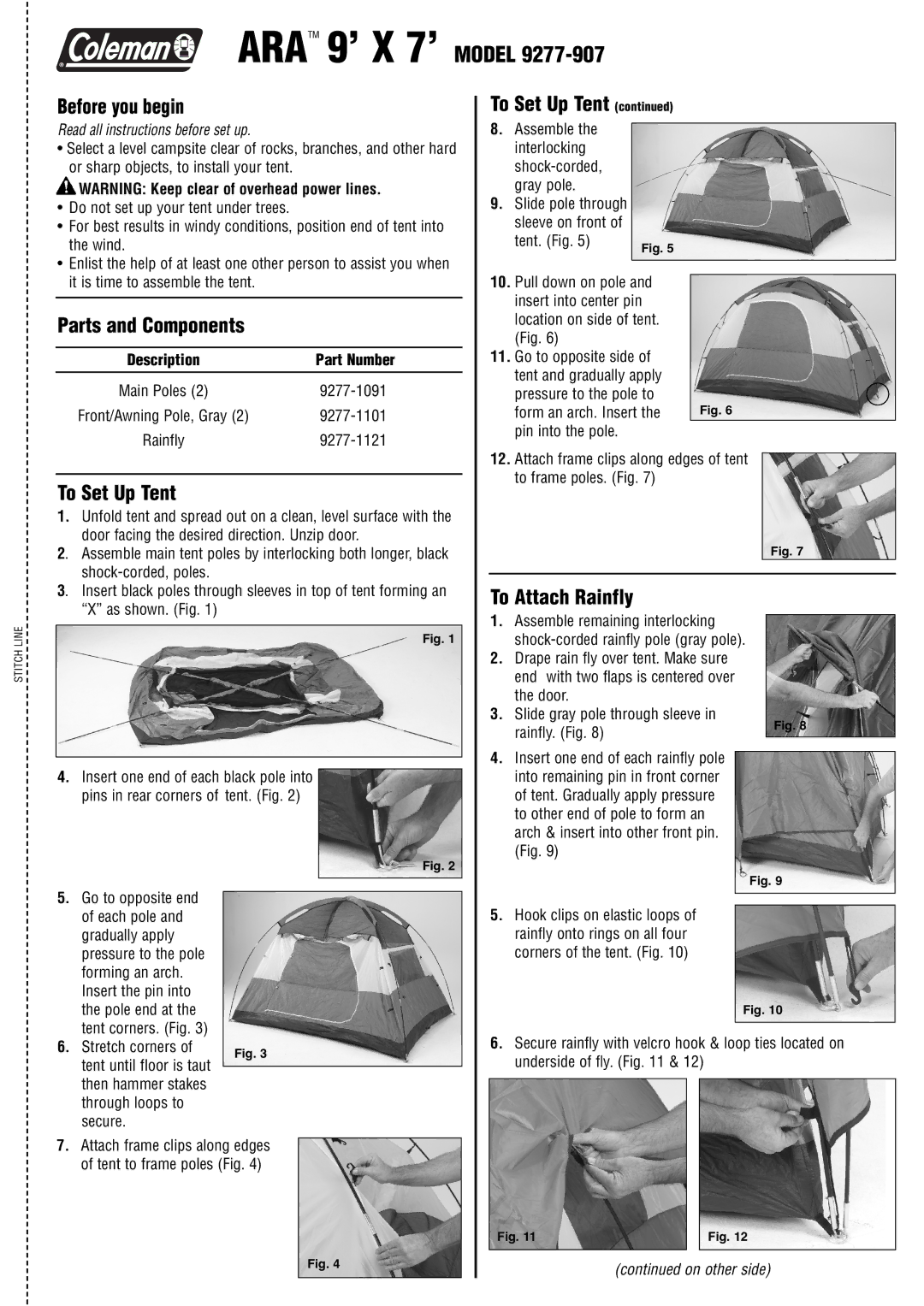 Coleman 9277-907 manual Before you begin, Parts and Components, To Set Up Tent, To Attach Rainfly 