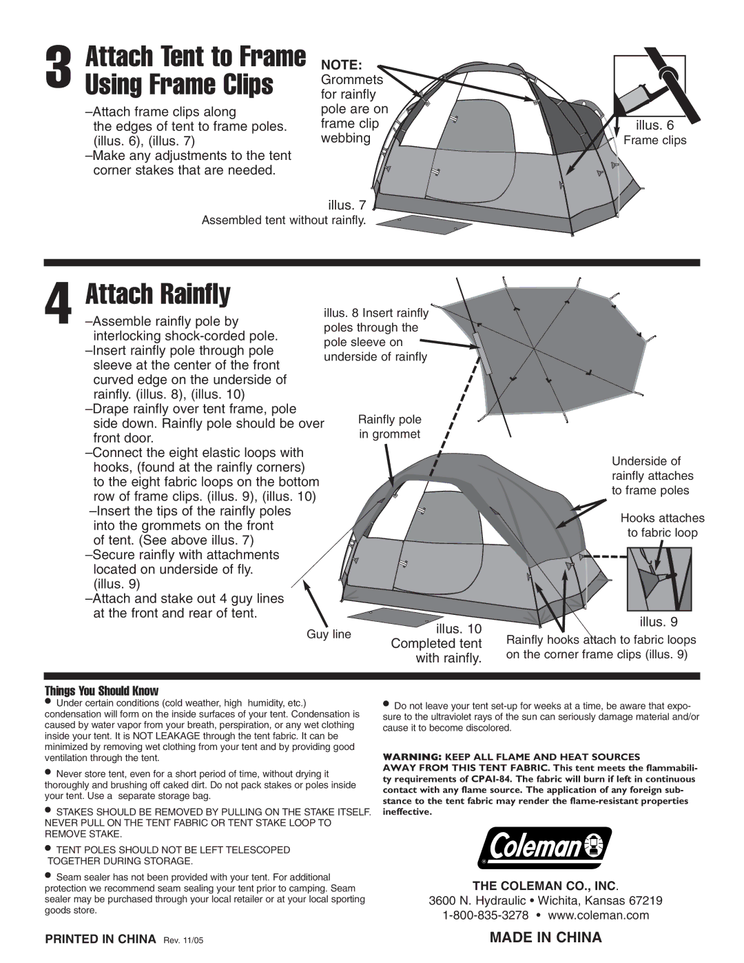 Coleman 9277A151 manual Attach Rainfly, Attach Tent to Frame Using Frame Clips 