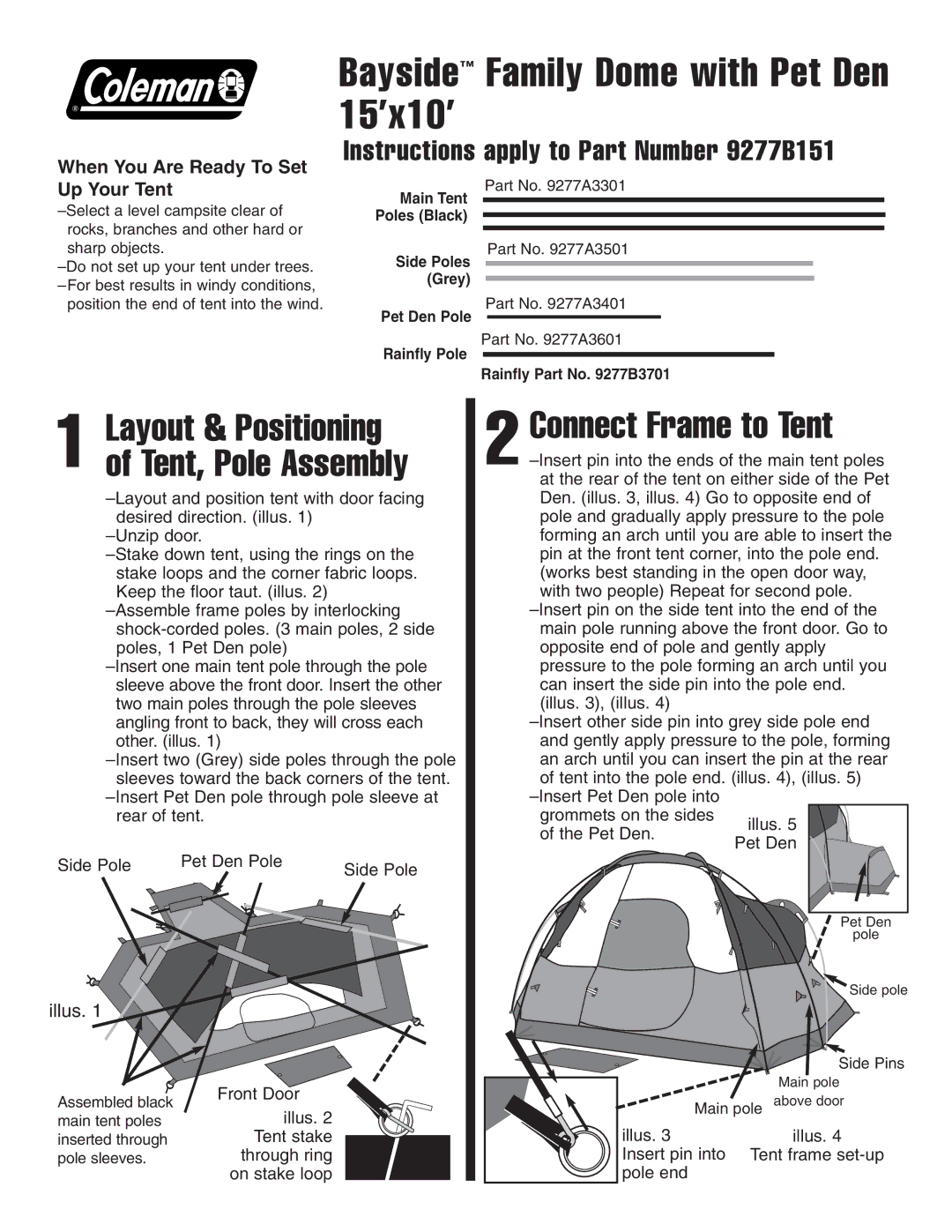 Coleman 9277B151 manual Bayside Family Dome with Pet Den 15’x10’, Connect Frame to Tent 