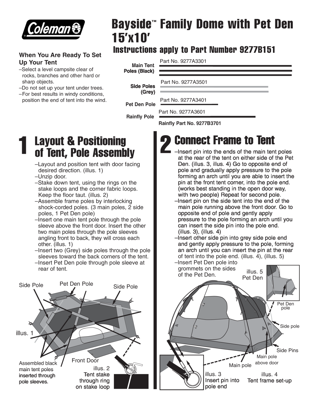 Coleman 9277B151 manual Connect Frame to Tent, Layout & Positioning of Tent, Pole Assembly, illus 