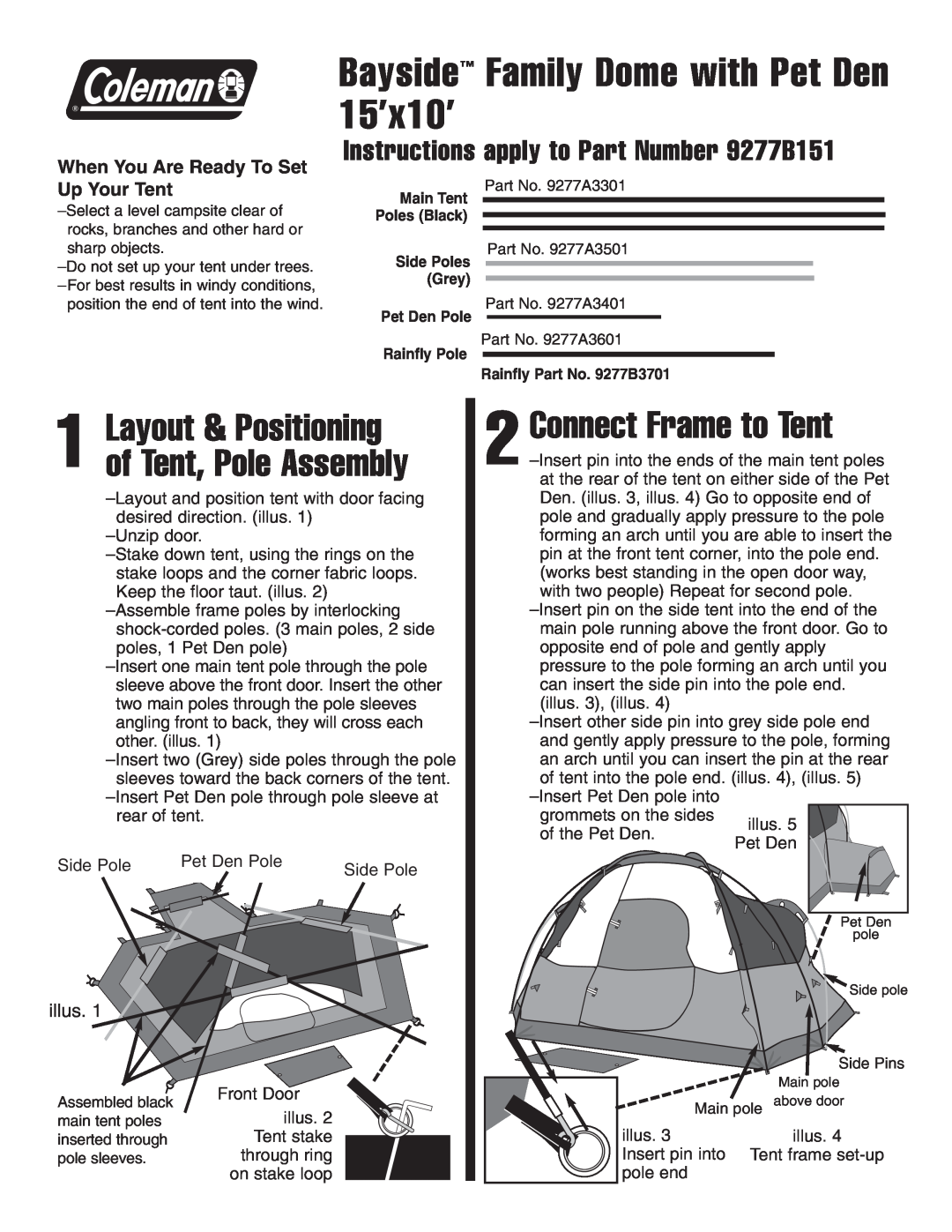 Coleman 9277B151 manual Connect Frame to Tent, Layout & Positioning of Tent, Pole Assembly, illus 