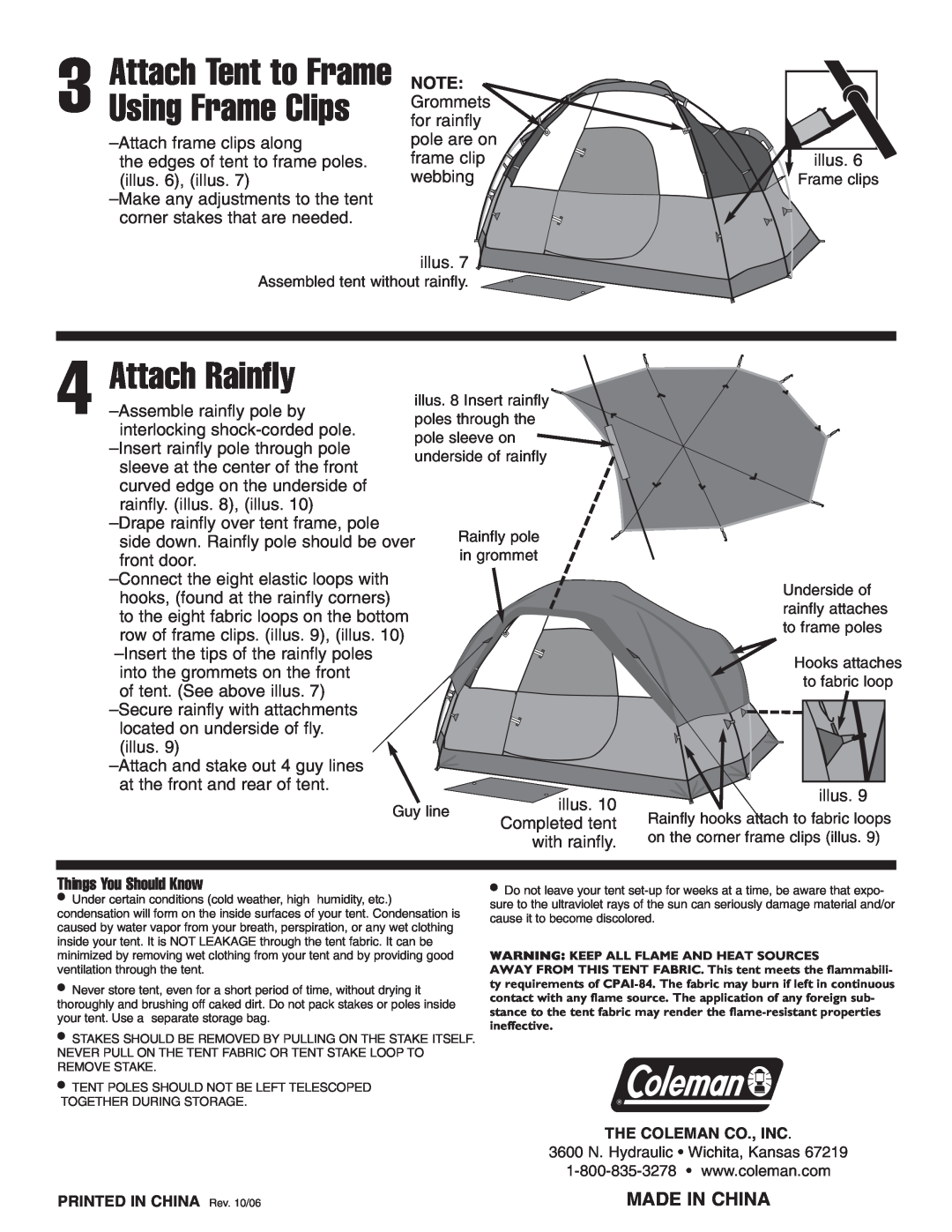 Coleman 9277B151 manual Attach Rainfly, Attach Tent to Frame Using Frame Clips, Made In China 