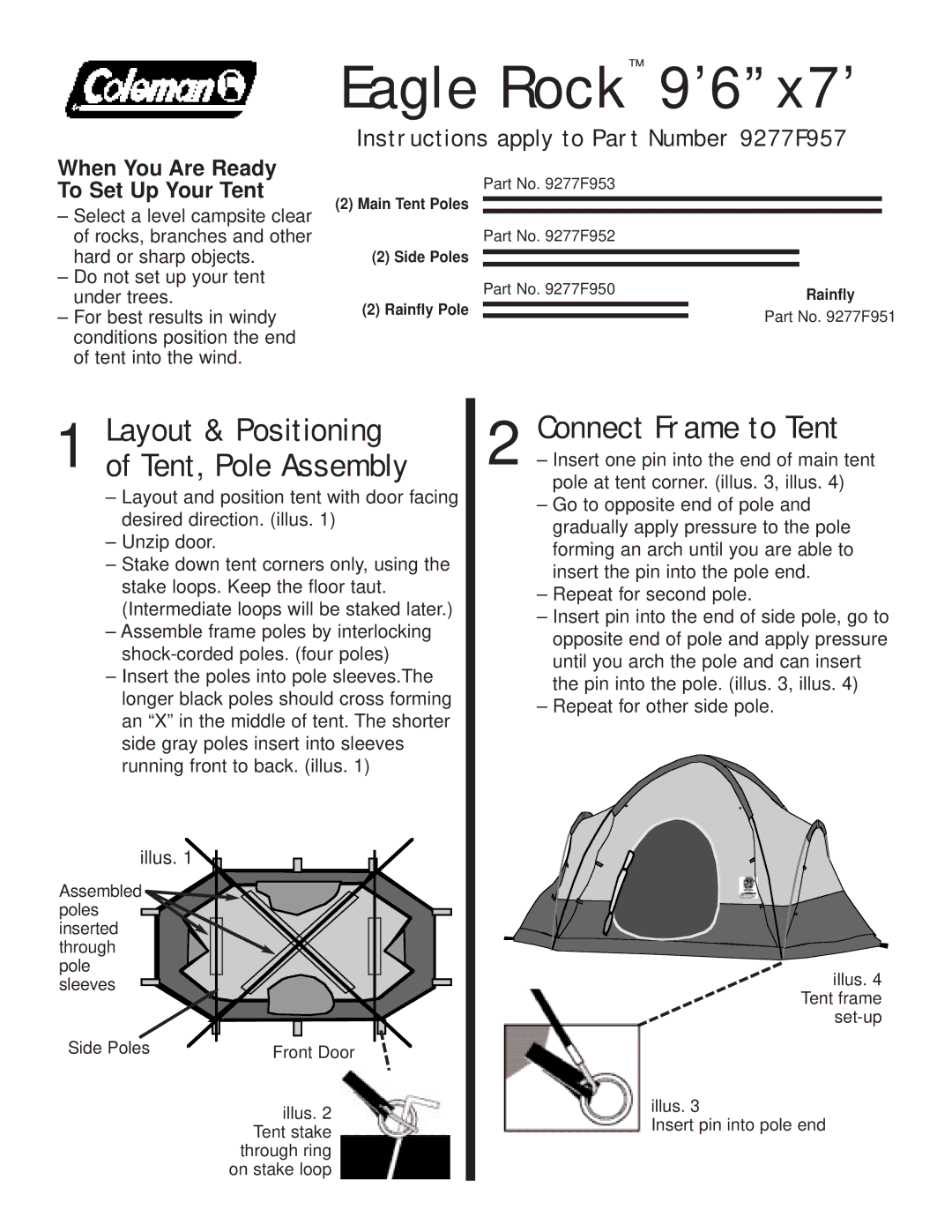 Coleman 9277F950 manual Eagle Rock 9’6x7’, Connect Frame to Tent, Layout & Positioning of Tent, Pole Assembly 