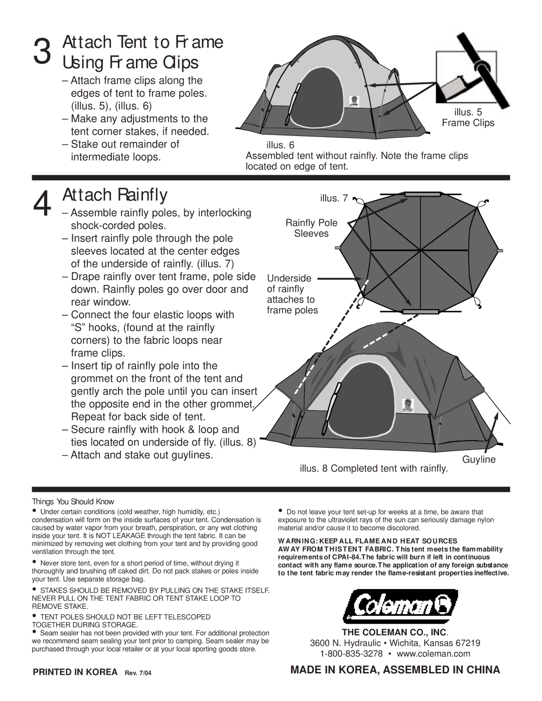 Coleman 9277F950 manual Attach Rainfly, Attach Tent to Frame Using Frame Clips 