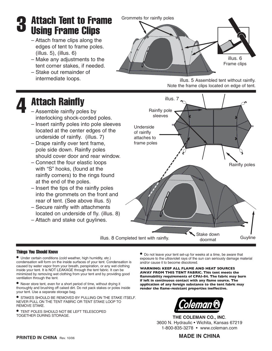 Coleman 9277H107 manual Attach Rainfly, Attach Tent to Frame Using Frame Clips, Things You Should Know 