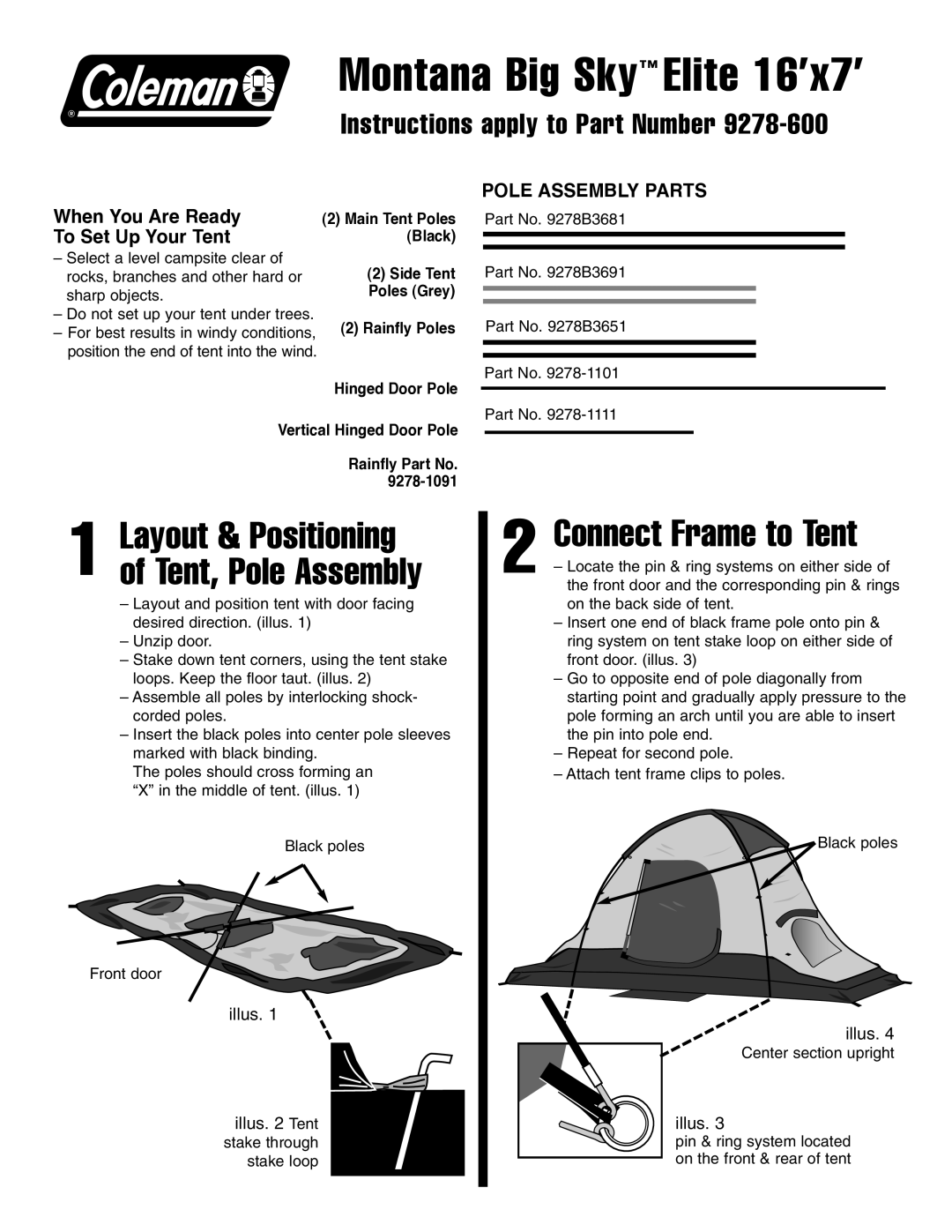 Coleman 9278-600 manual Montana Big Sky Elite 16’x7’, Connect Frame to Tent, Layout & Positioning of Tent, Pole Assembly 