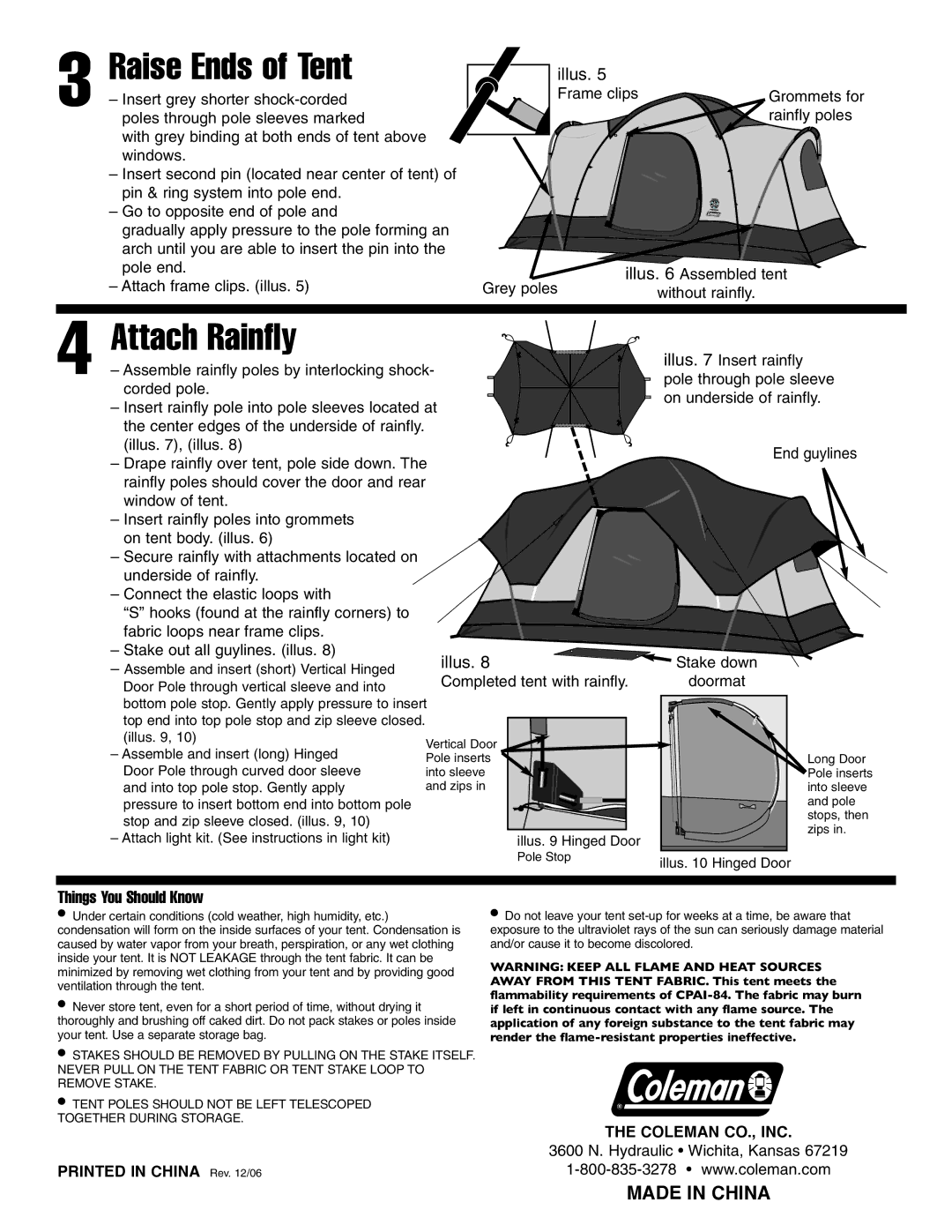 Coleman 9278-600 manual Raise Ends of Tent, Attach Rainfly, Things You Should Know 