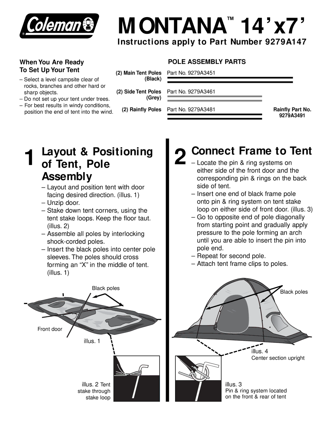 Coleman 9279A147 manual Montana 14’x7’, Tent, Pole Assembly, Layout & Positioning, Connect Frame to Tent 