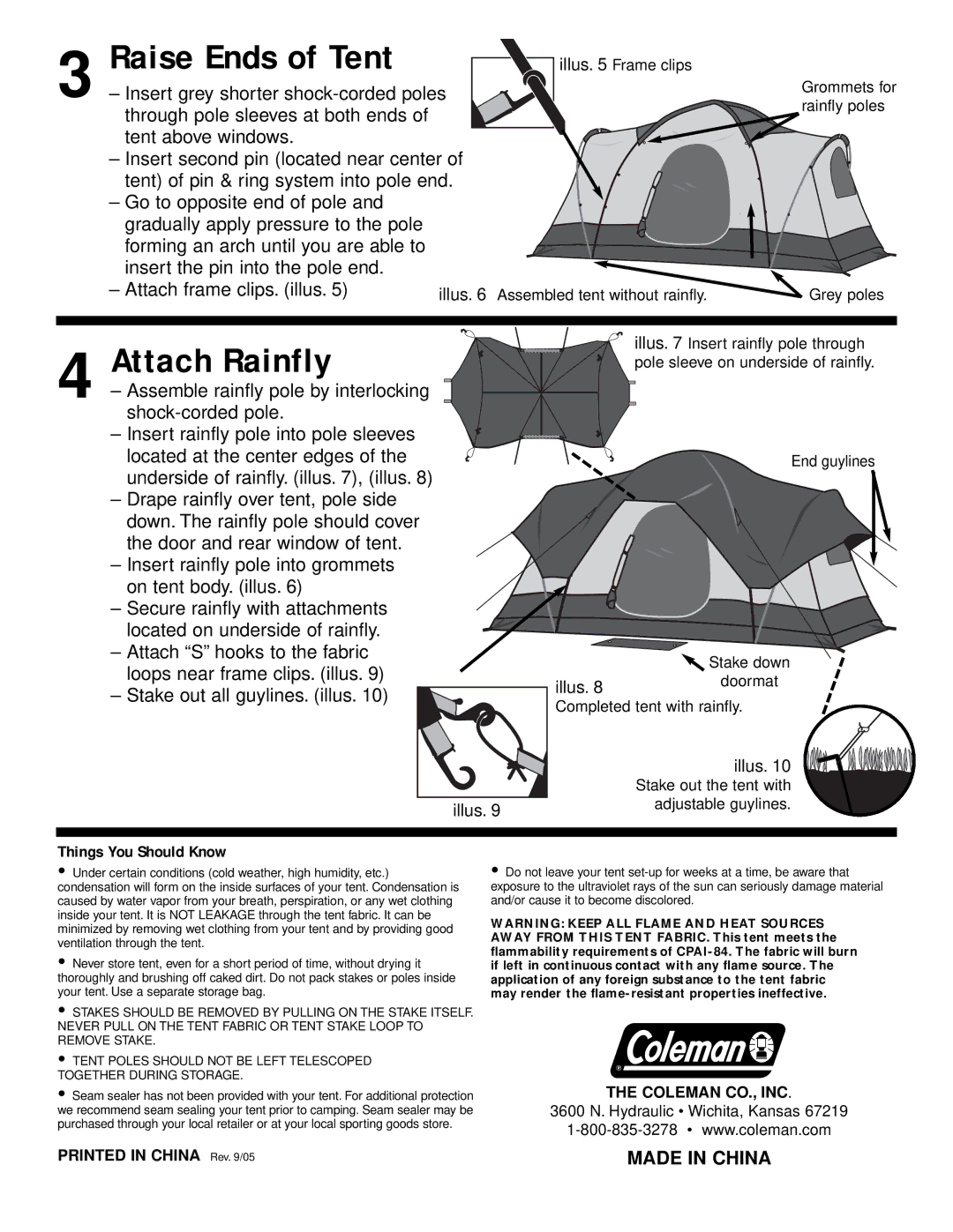 Coleman 9279A147 manual Attach Rainfly, Raise Ends of Tent, Made in China, Things You Should Know 