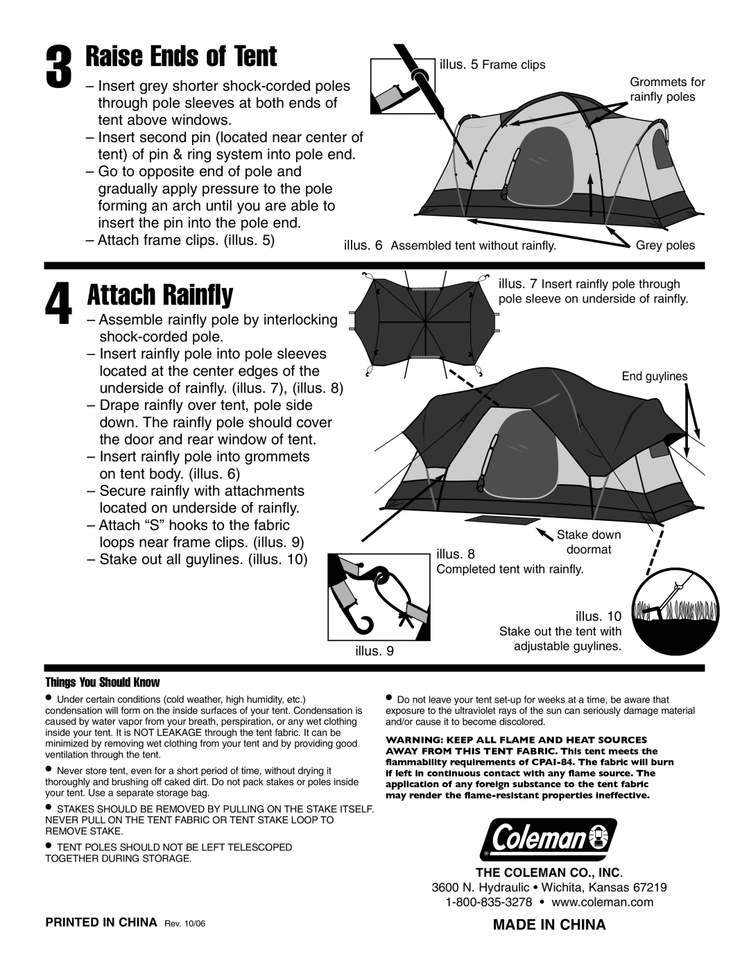 Coleman 9279B147 manual Raise Ends of Tent, Attach Rainfly, Made in China, Things You Should Know 