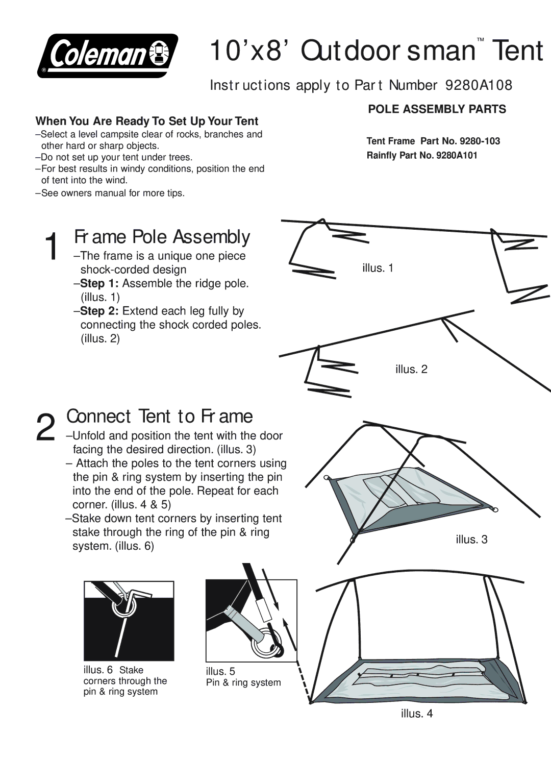 Coleman 9280A108 owner manual 10’x8’ Outdoorsman Tent, Frame Pole Assembly, Connect Tent to Frame 