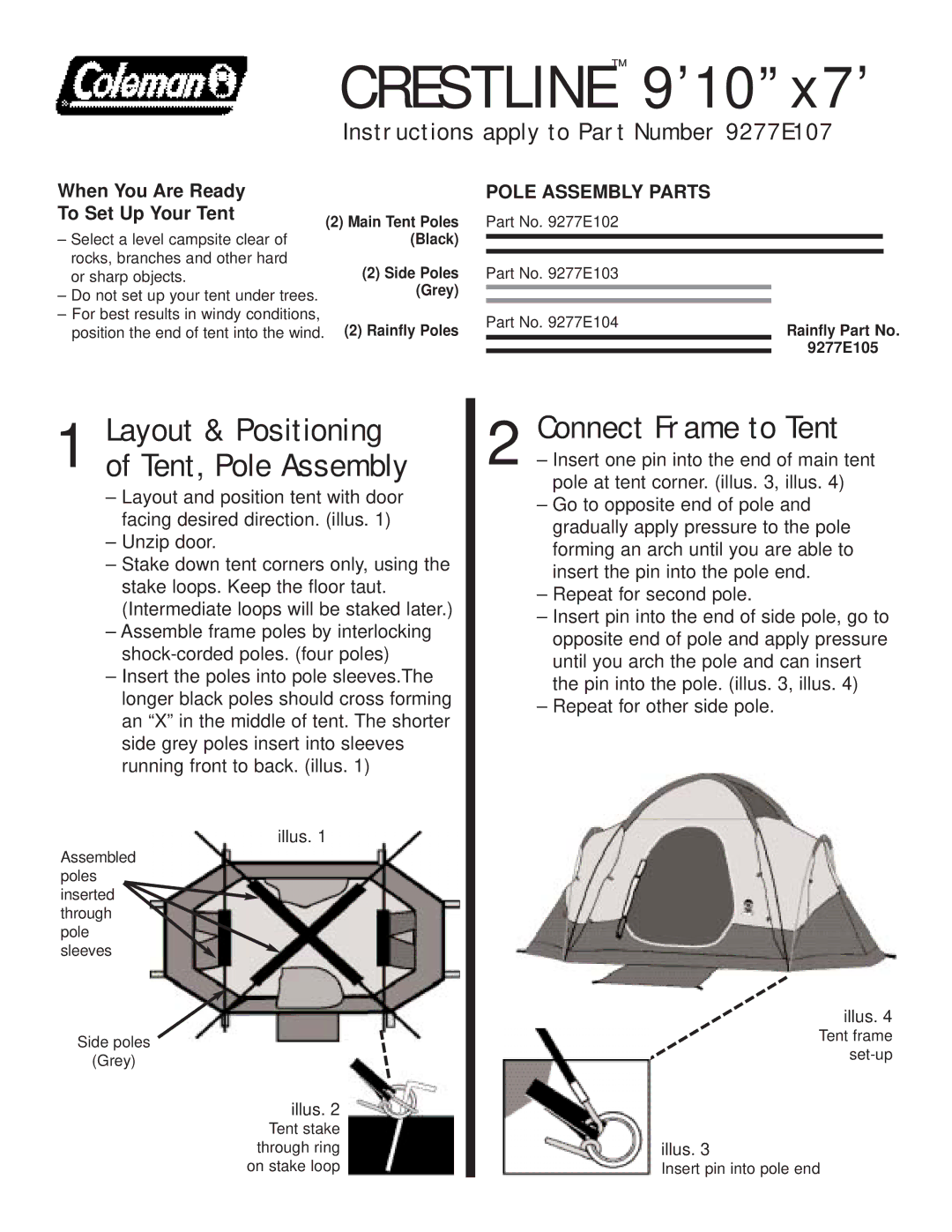 Coleman 9.28E+110 manual Crestline 9’10x7’, Connect Frame to Tent, Layout & Positioning of Tent, Pole Assembly 