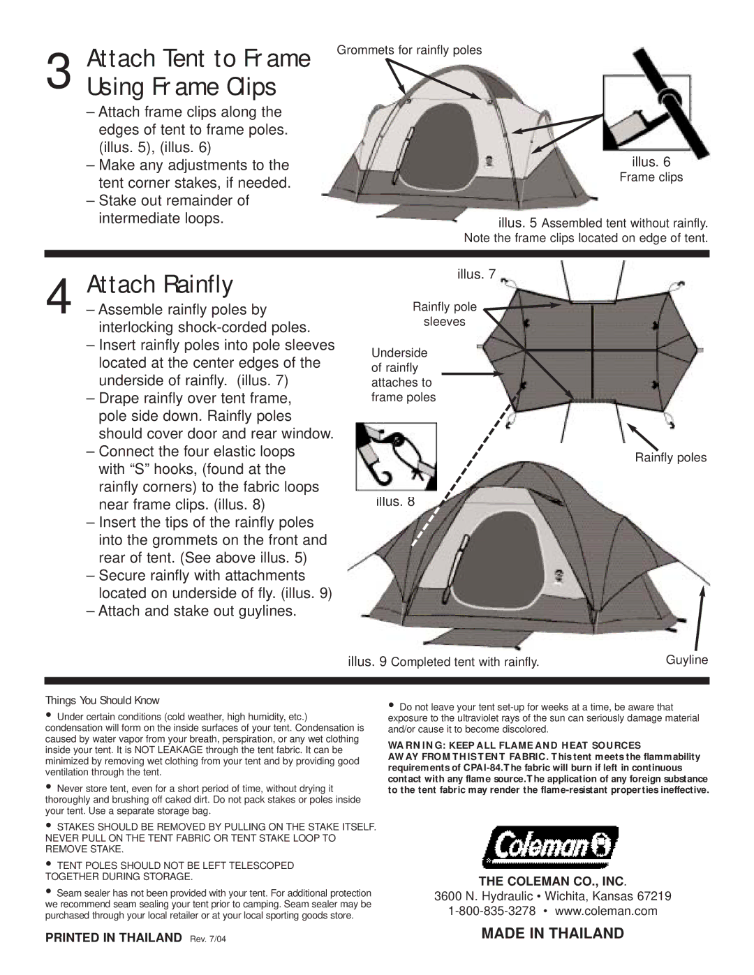 Coleman 9.28E+110 manual Attach Rainfly, Attach Tent to Frame Using Frame Clips, Things You Should Know 