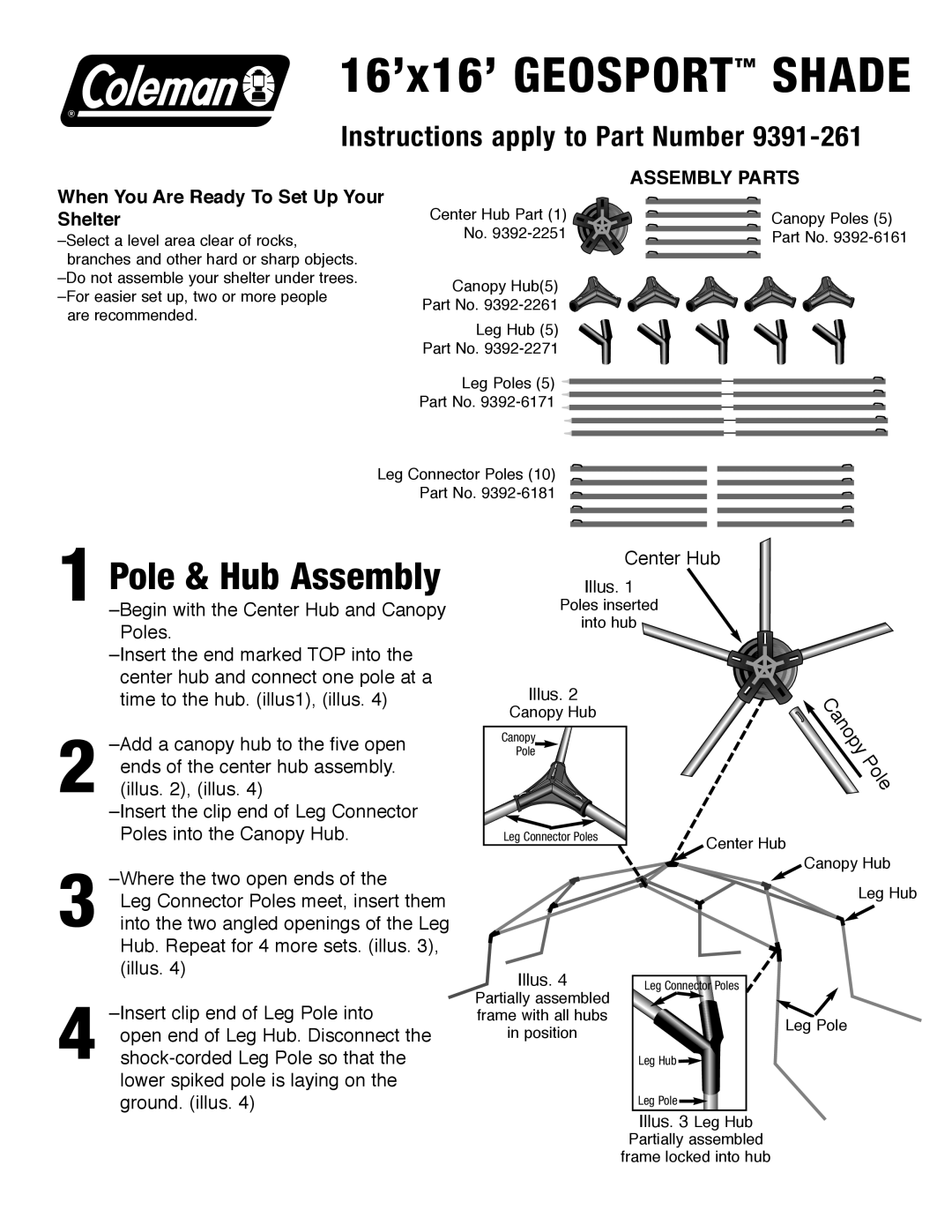 Coleman 9392-2271, 9392-2261 manual 16’x16’ Geosport Shade, Pole & Hub Assembly, Instructions apply to Part Number 