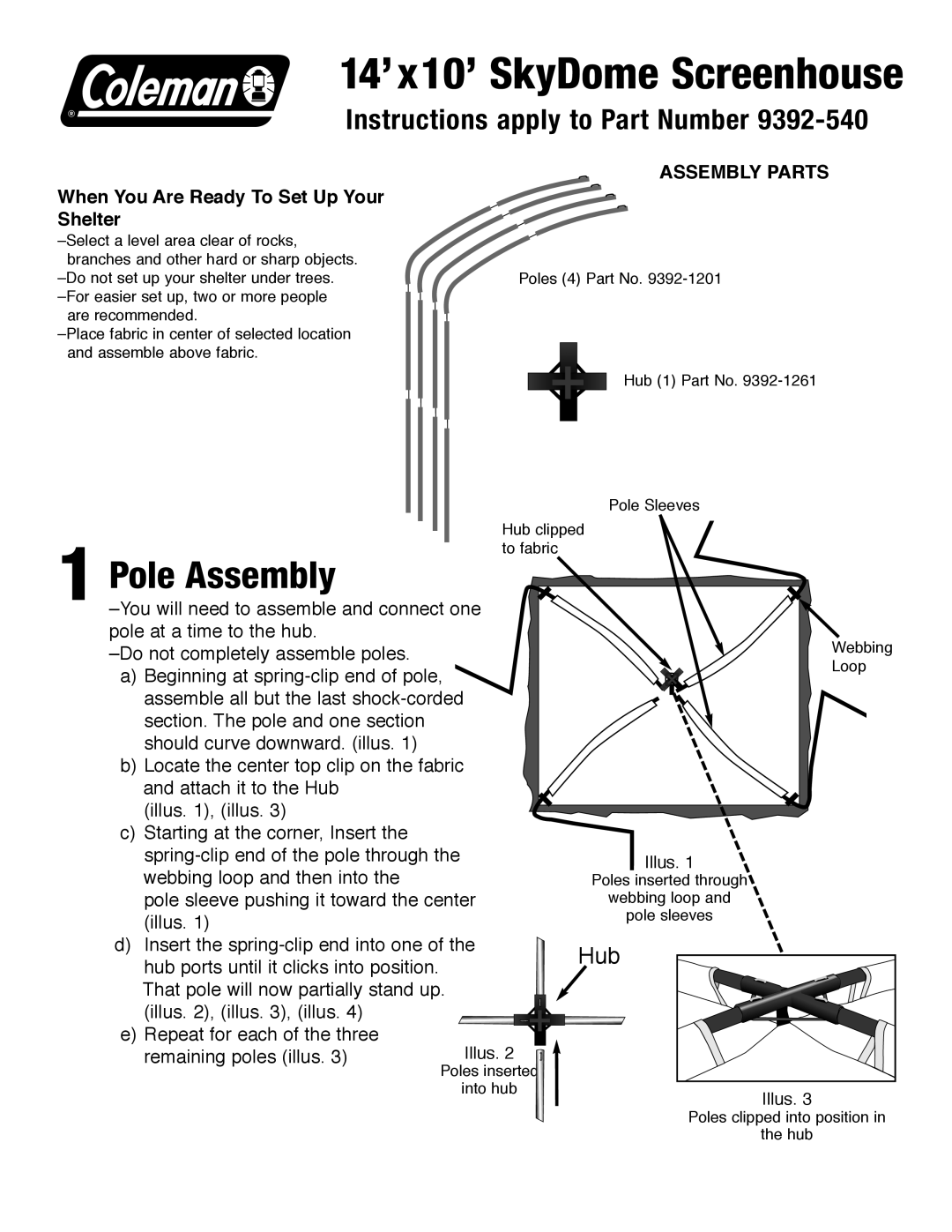 Coleman 9392-540 manual 14’ x10’ SkyDome Screenhouse, Pole Assembly, Instructions apply to Part Number, Assembly Parts 