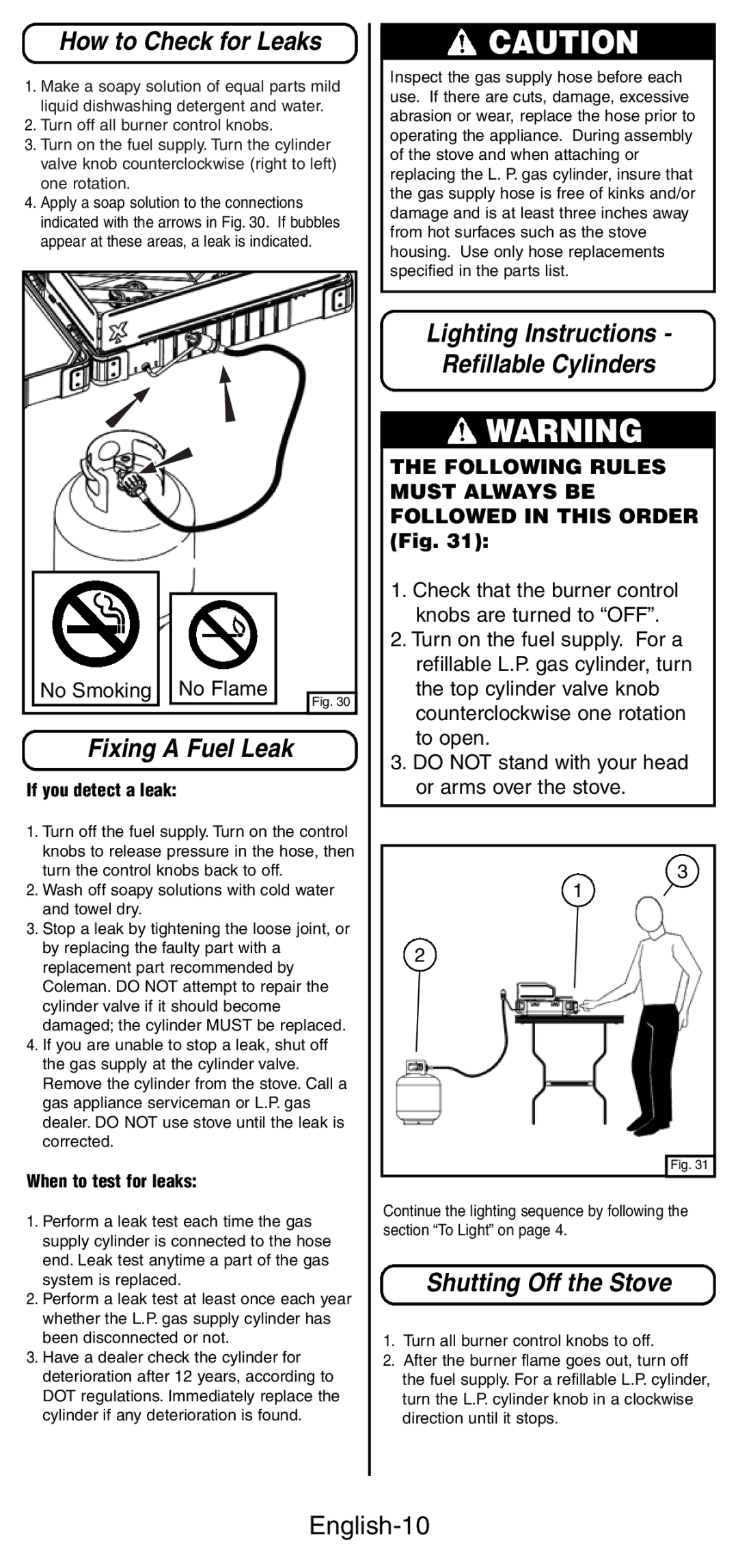 Coleman 9422 Series How to Check for Leaks, Fixing a Fuel Leak, Lighting Instructions Refillable Cylinders, English-10 