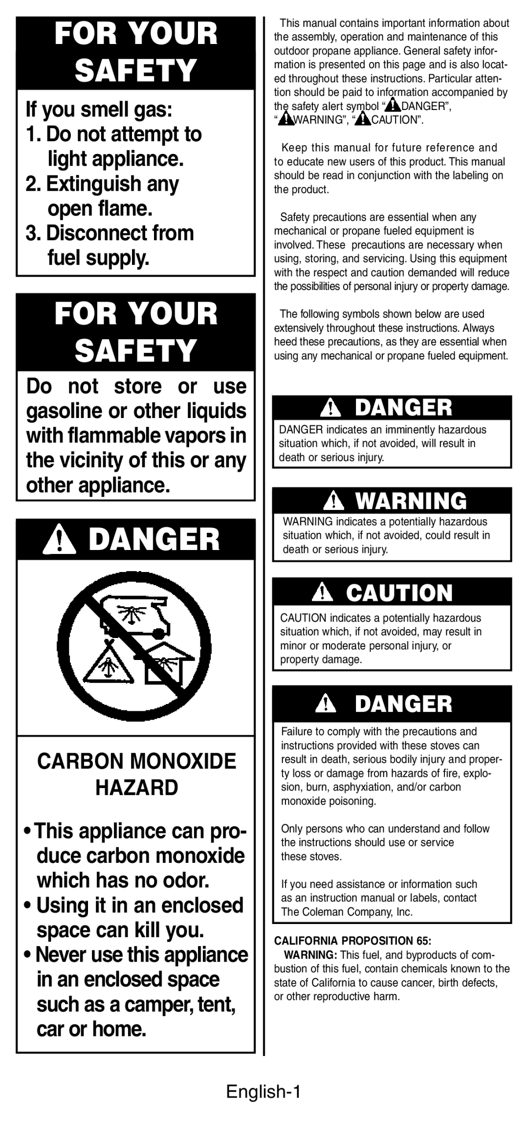 Coleman 9422 Series manual For Your Safety, English-1 