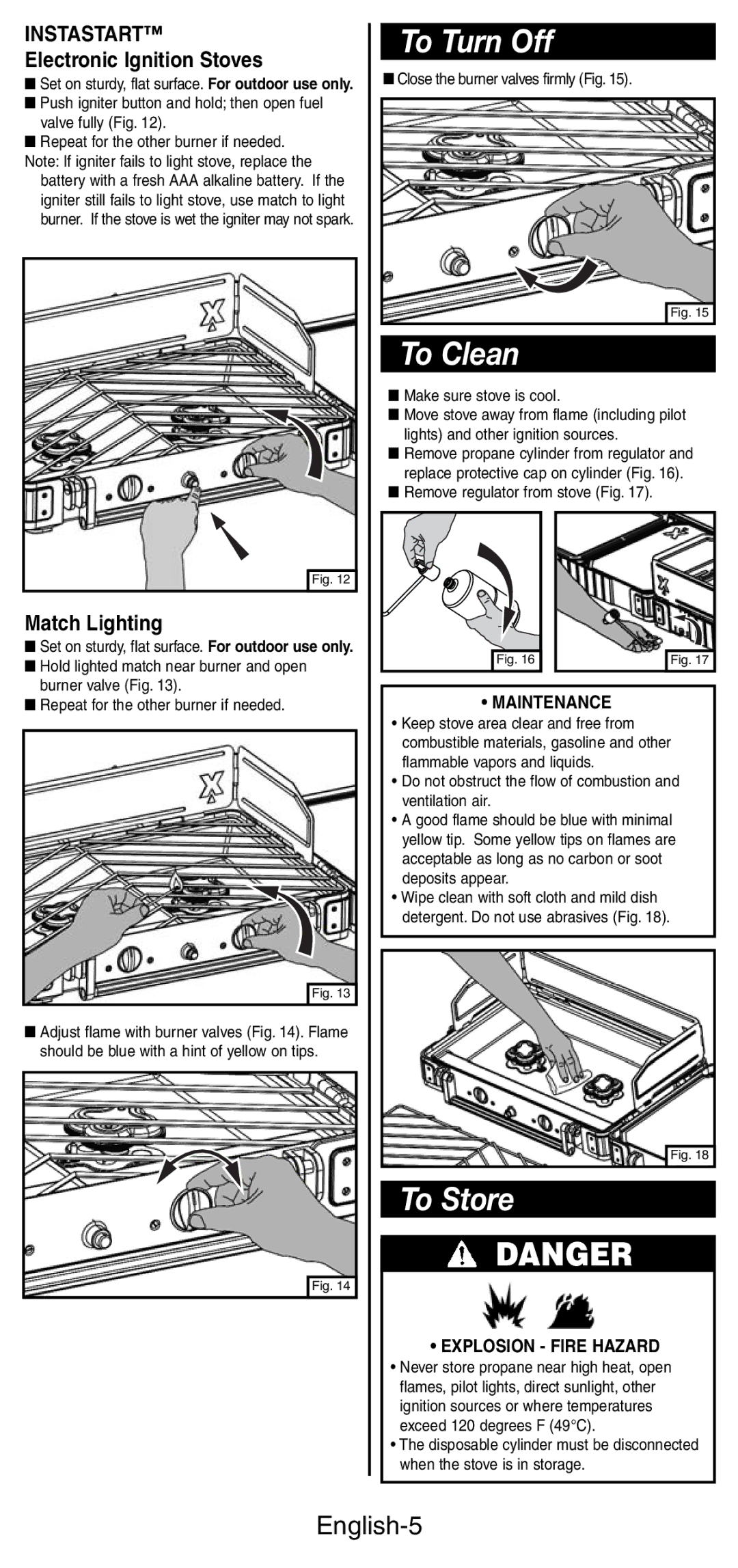 Coleman 9422 Series manual To Turn Off, To Clean, To Store, English-5 