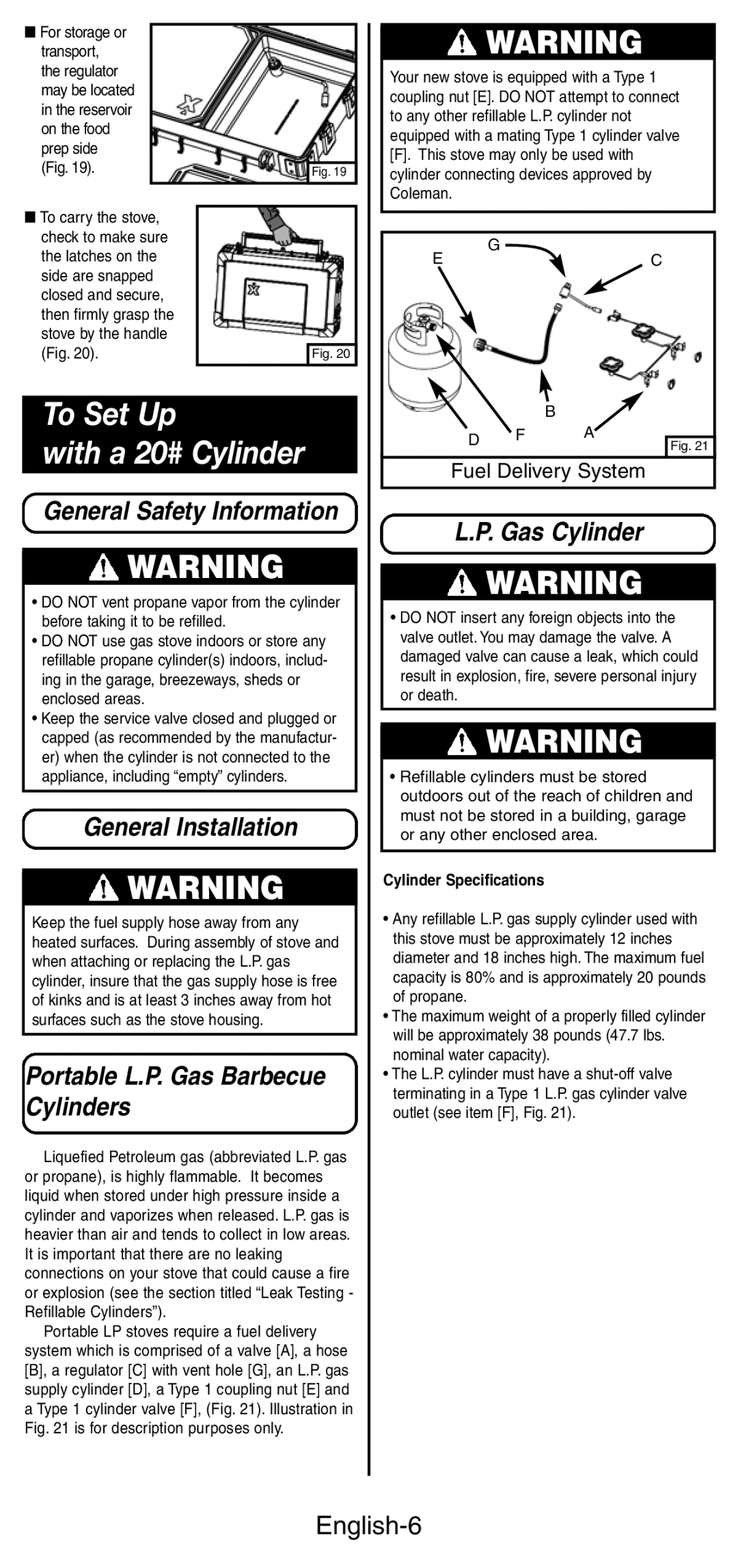 Coleman 9422 Series manual To Set Up With a 20# Cylinder, General Safety Information, General Installation, Gas Cylinder 