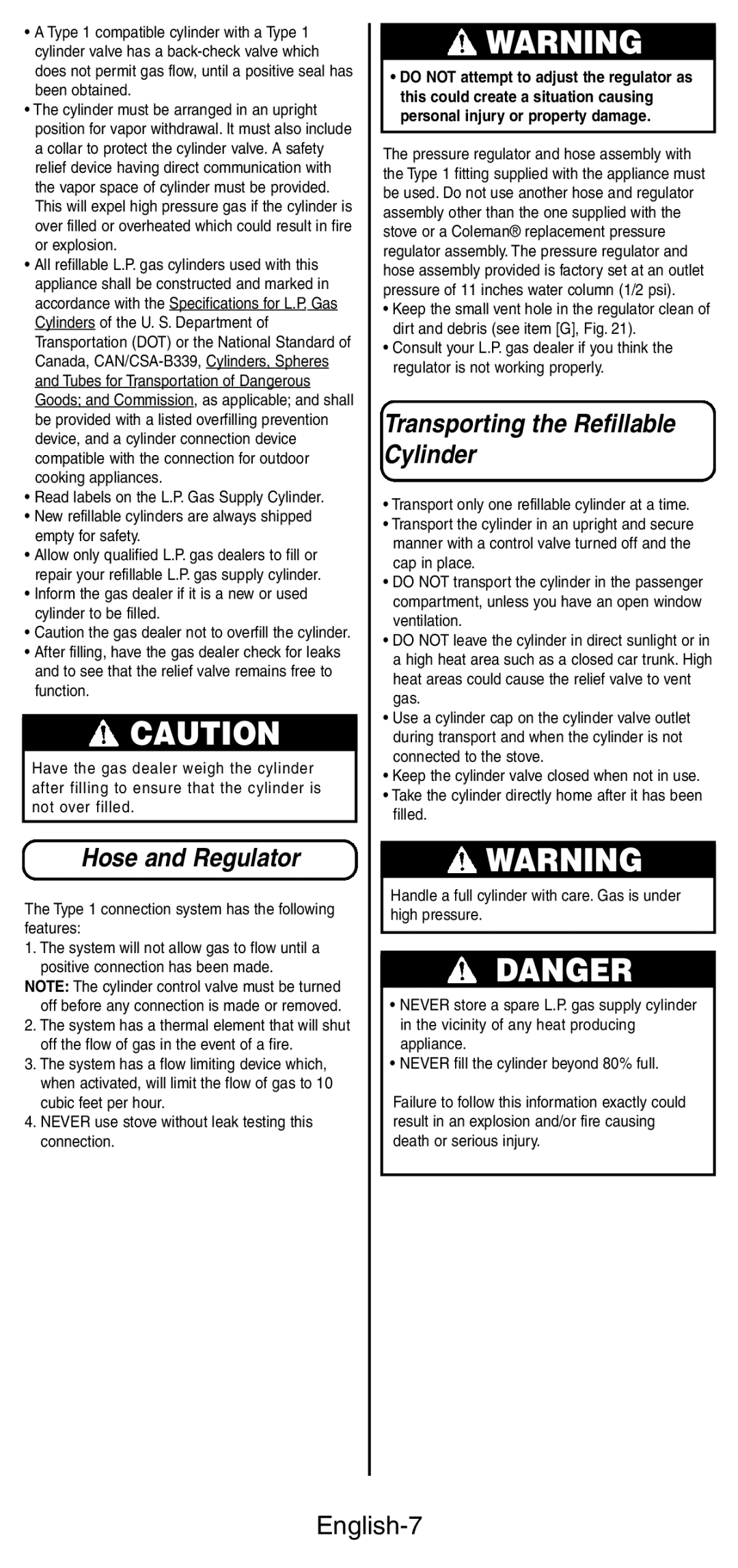 Coleman 9422 Series manual Hose and Regulator, Transporting the Refillable Cylinder, English-7 