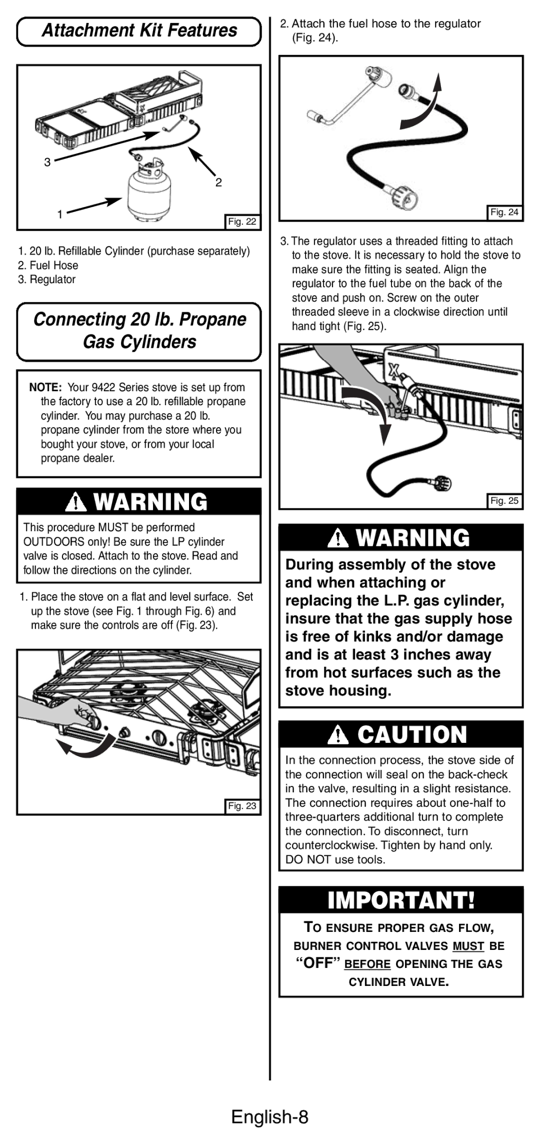 Coleman 9422 Series manual Attachment Kit Features, Connecting 20 lb. Propane Gas Cylinders, English-8 