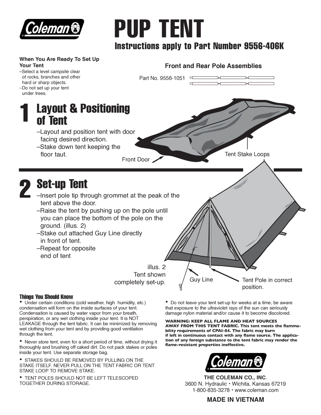 Coleman 9556-406K manual PUP Tent, Layoutof Tent & Positioning, Set-up Tent, Things You Should Know 