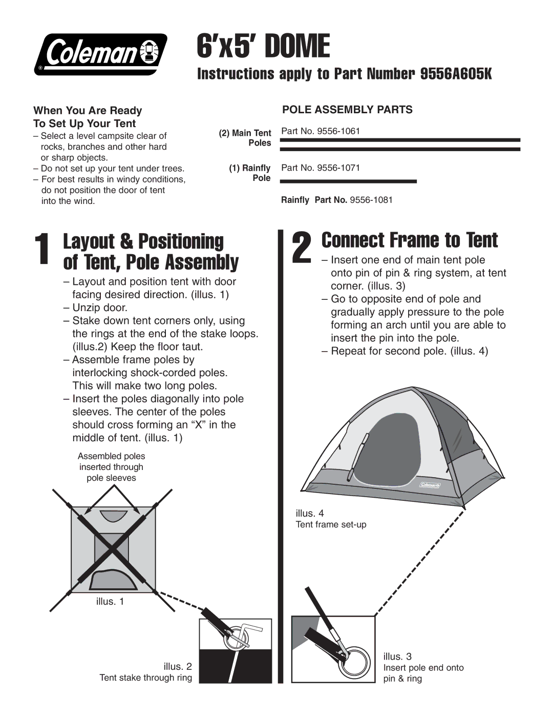 Coleman 9556A605K manual ’x5’ Dome, Connect Frame to Tent, Layout & Positioning of Tent, Pole Assembly 