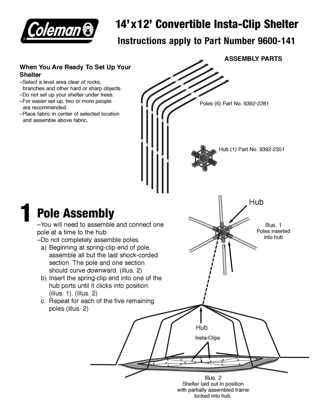 Coleman 9600-141 manual Pole Assembly, 14’ x12’ Convertible Insta-Clip Shelter, Instructions apply to Part Number, Hub 