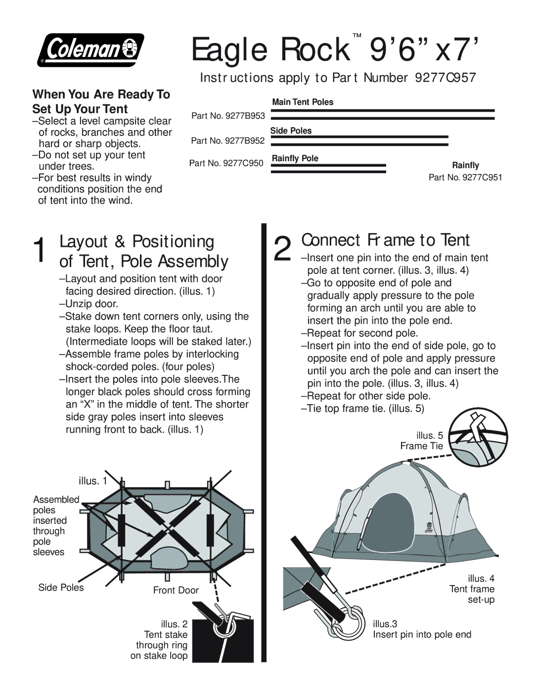 Coleman 96X7 manual Eagle Rock 9’6x7’, Connect Frame to Tent, Layout & Positioning of Tent, Pole Assembly 