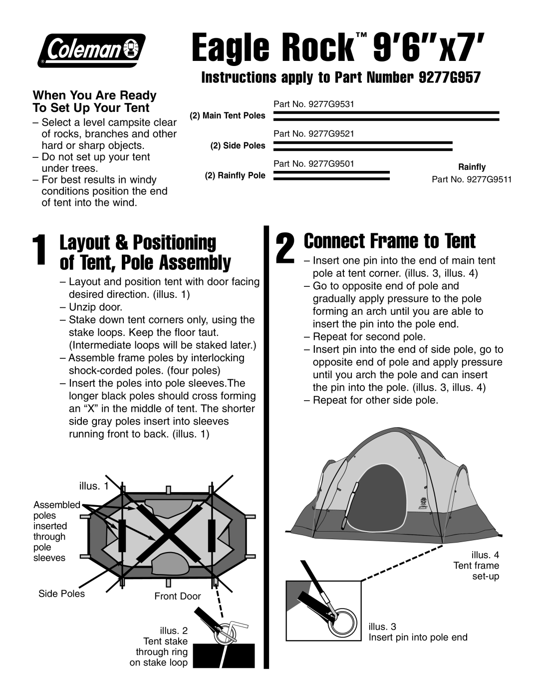 Coleman 9'6x7 manual Eagle Rock 9’6x7’, Connect Frame to Tent, Layout & Positioning of Tent, Pole Assembly 