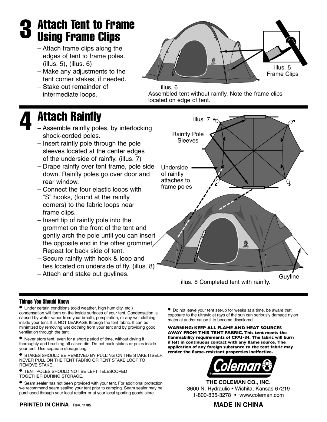 Coleman 9'6x7 manual Attach Rainfly, Attach Tent to Frame Using Frame Clips 