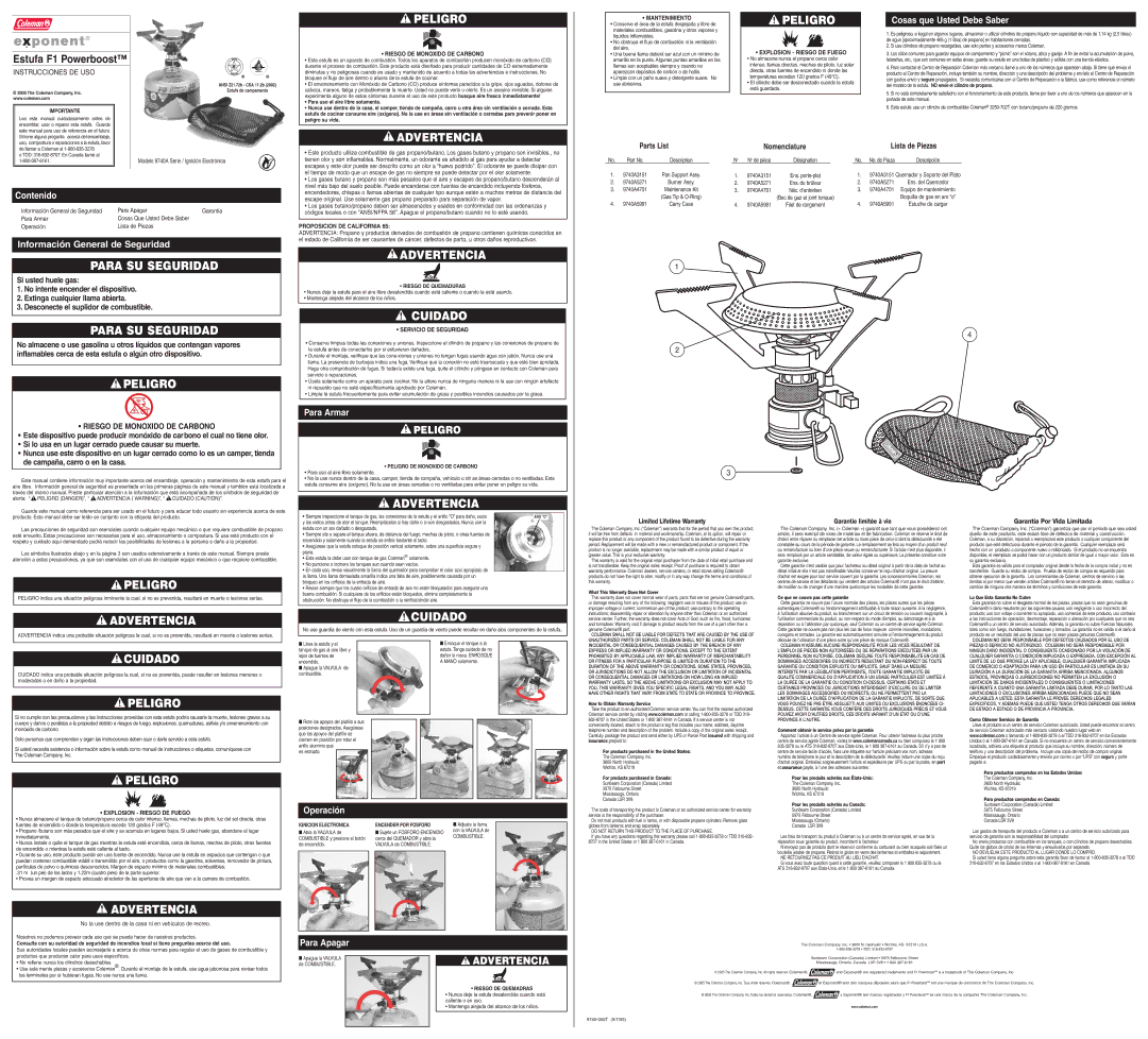 Coleman 9740A Series warranty Importante, Riesgo DE Quemaduras, Peligro DE Monoxido DE Carbono, Riesgo DE Quemadras 
