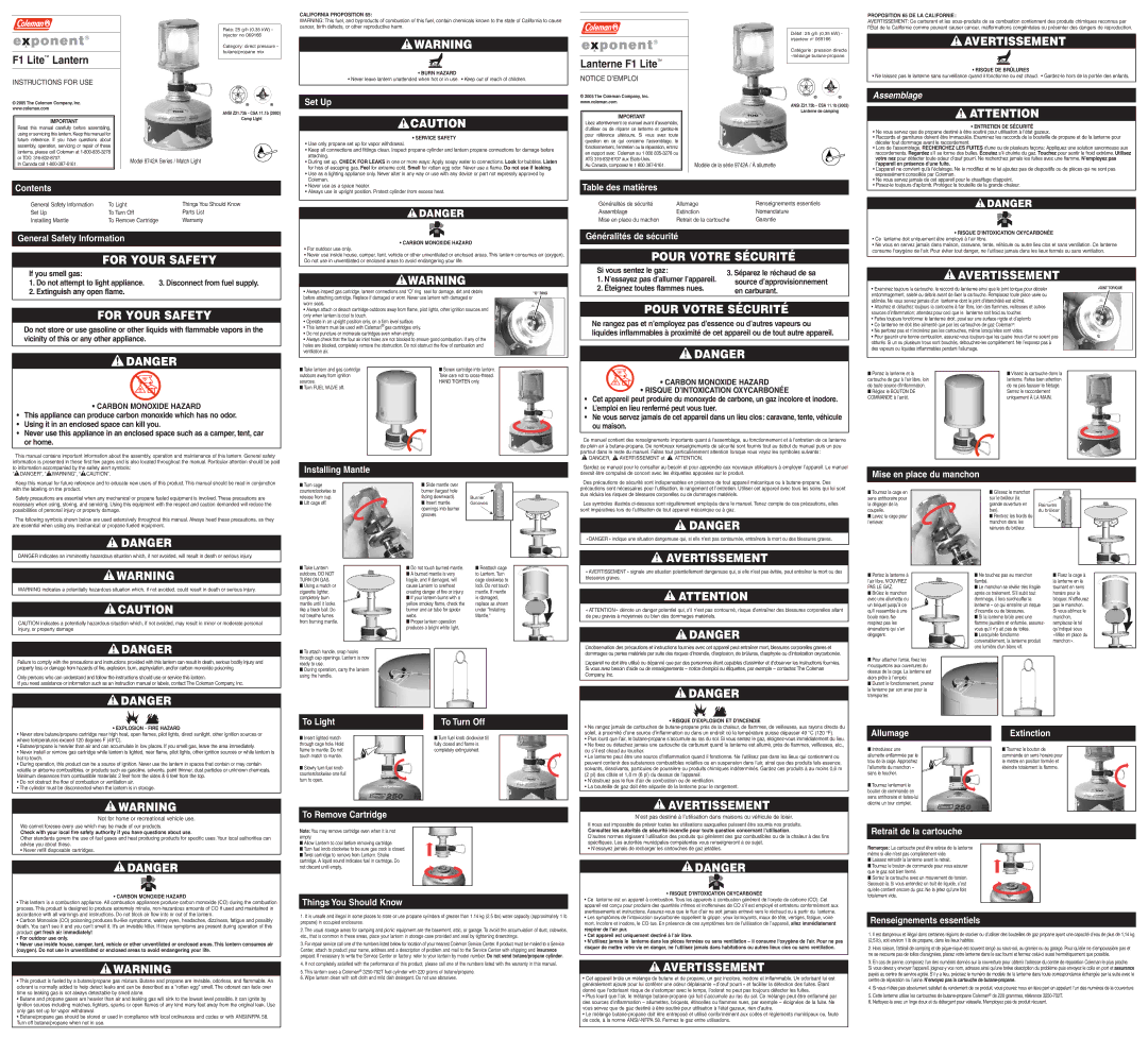 Coleman 9742A Series warranty Set Up, Contents, General Safety Information, Table des matières, Généralités de sécurité 