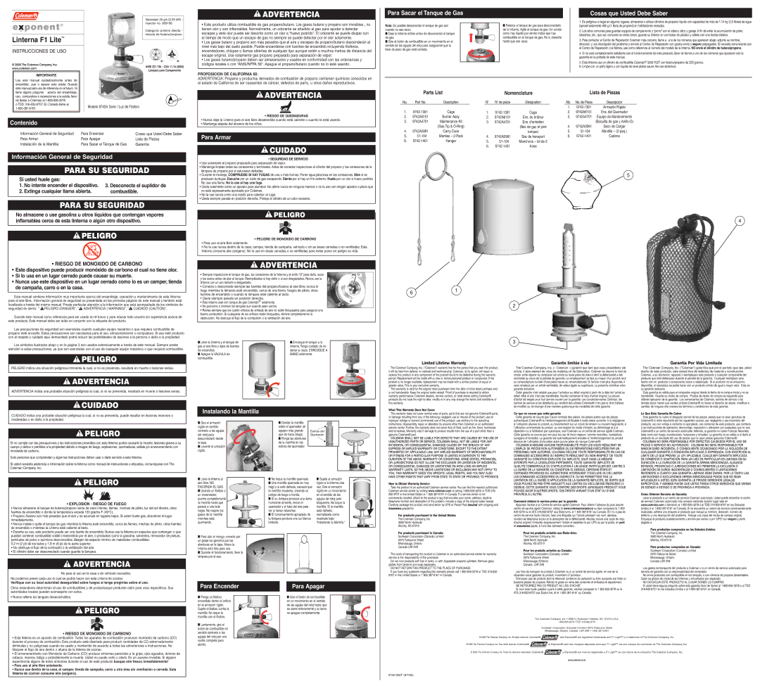 Coleman 9742A Series Para Sacar el Tanque de Gas Cosas que Usted Debe Saber, Contenido, Información General de Seguridad 