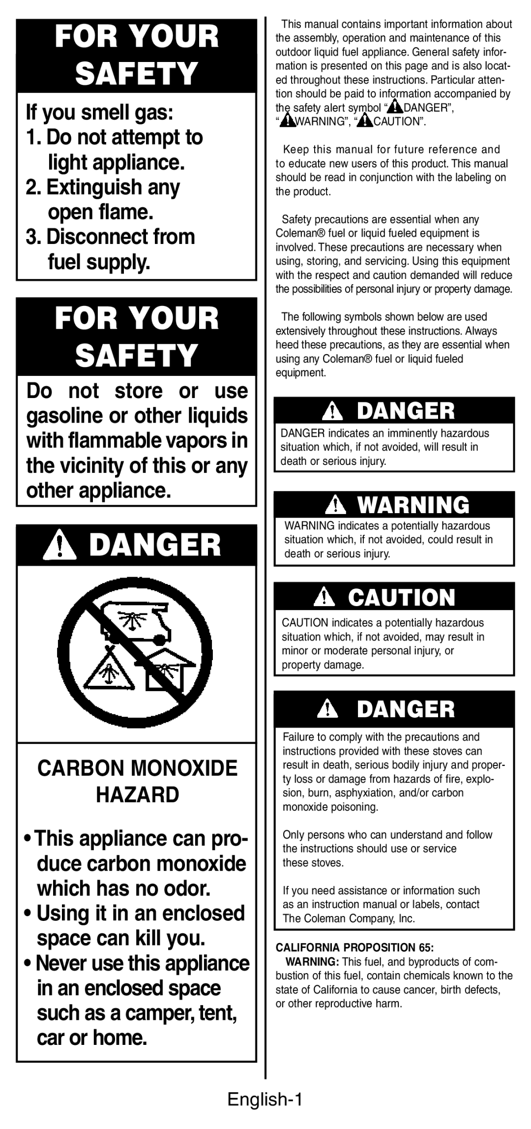 Coleman 9760 manual For Your Safety, English-1 