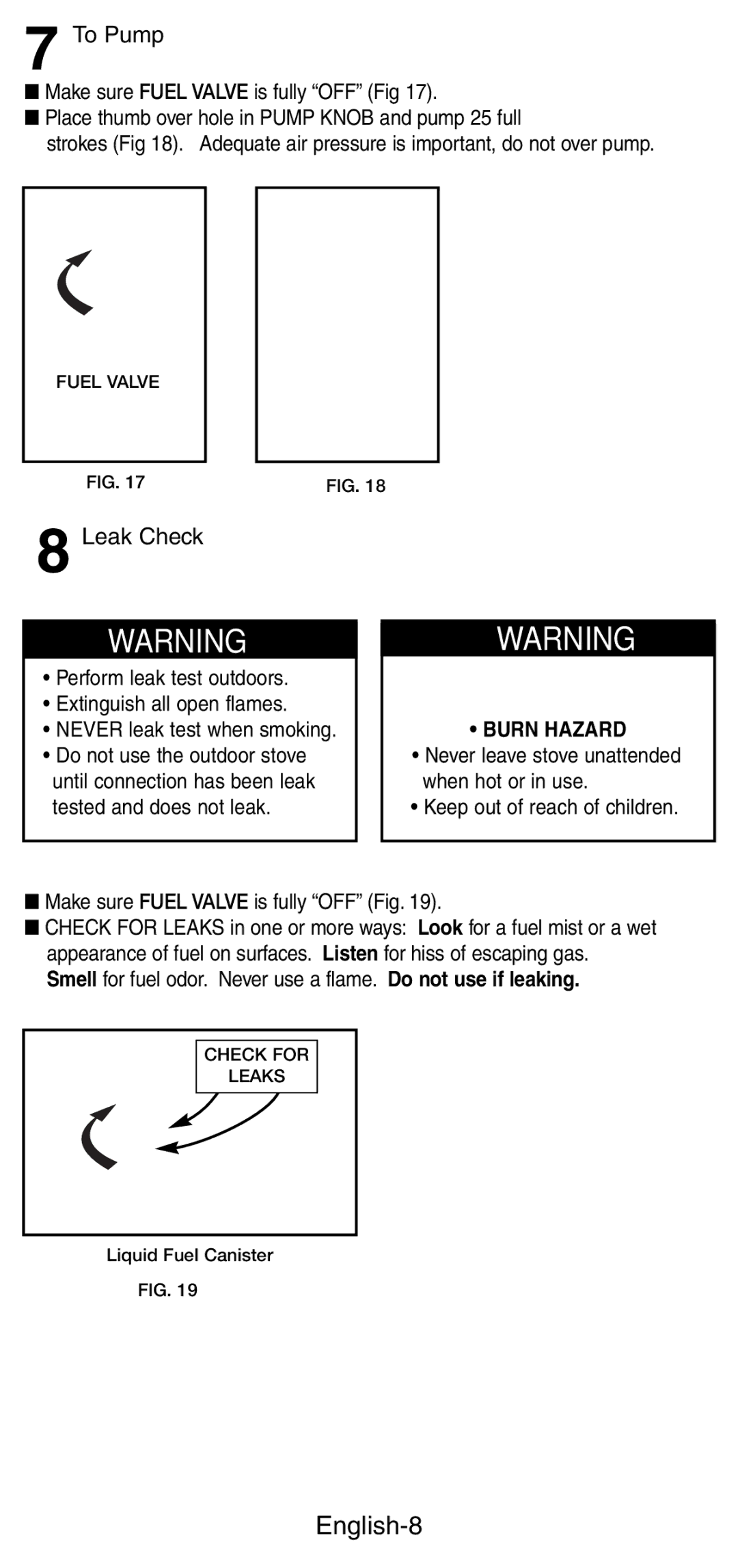 Coleman 9760 manual English-8, To Pump, Leak Check, Burn Hazard 