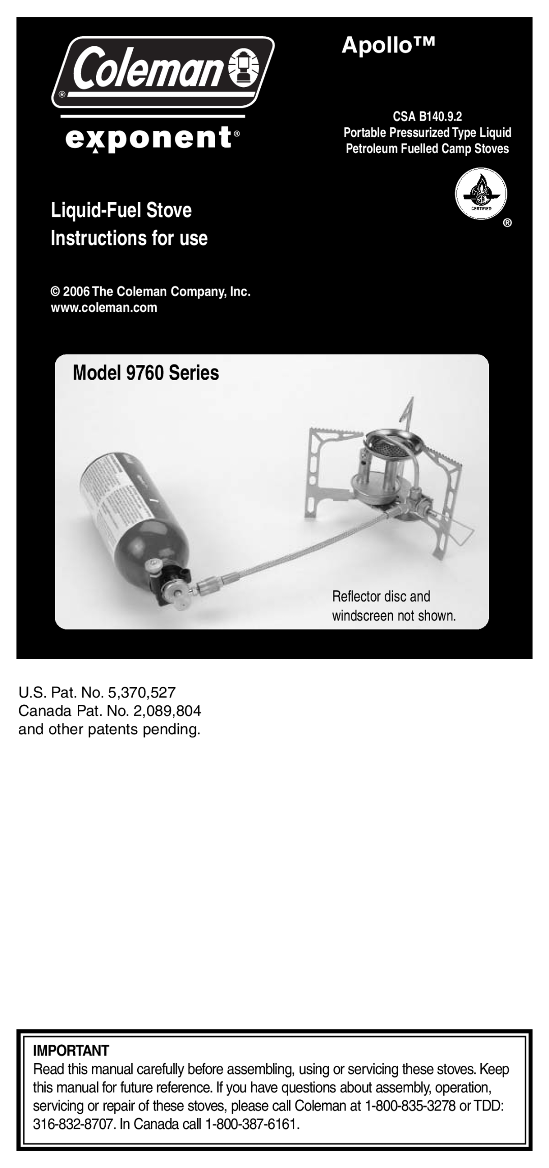 Coleman manual Apollo, Liquid-Fuel Stove, Instructions for use, Model 9760 Series 